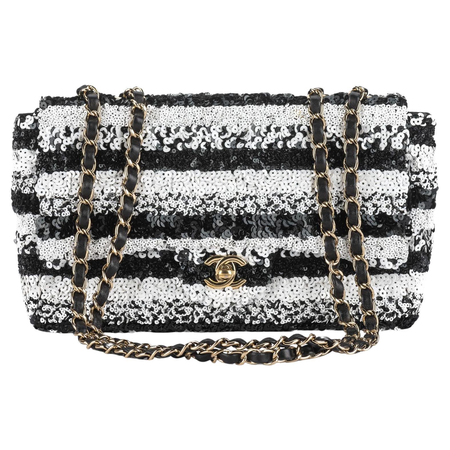 Chanel Sequin Small Flap Black White For Sale