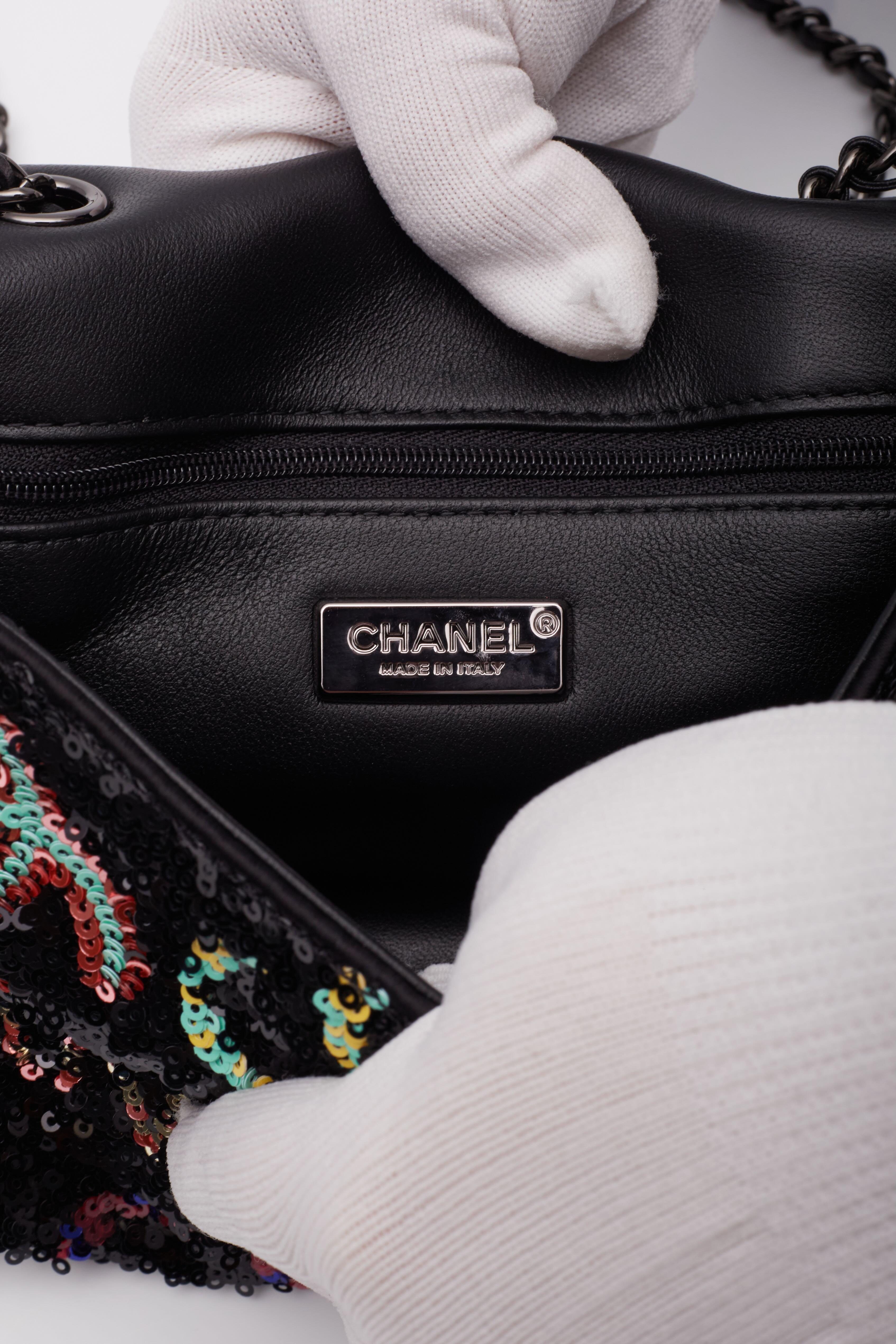 Chanel Sequins Logo CC Single Flap Bag Black Multicolor For Sale 6