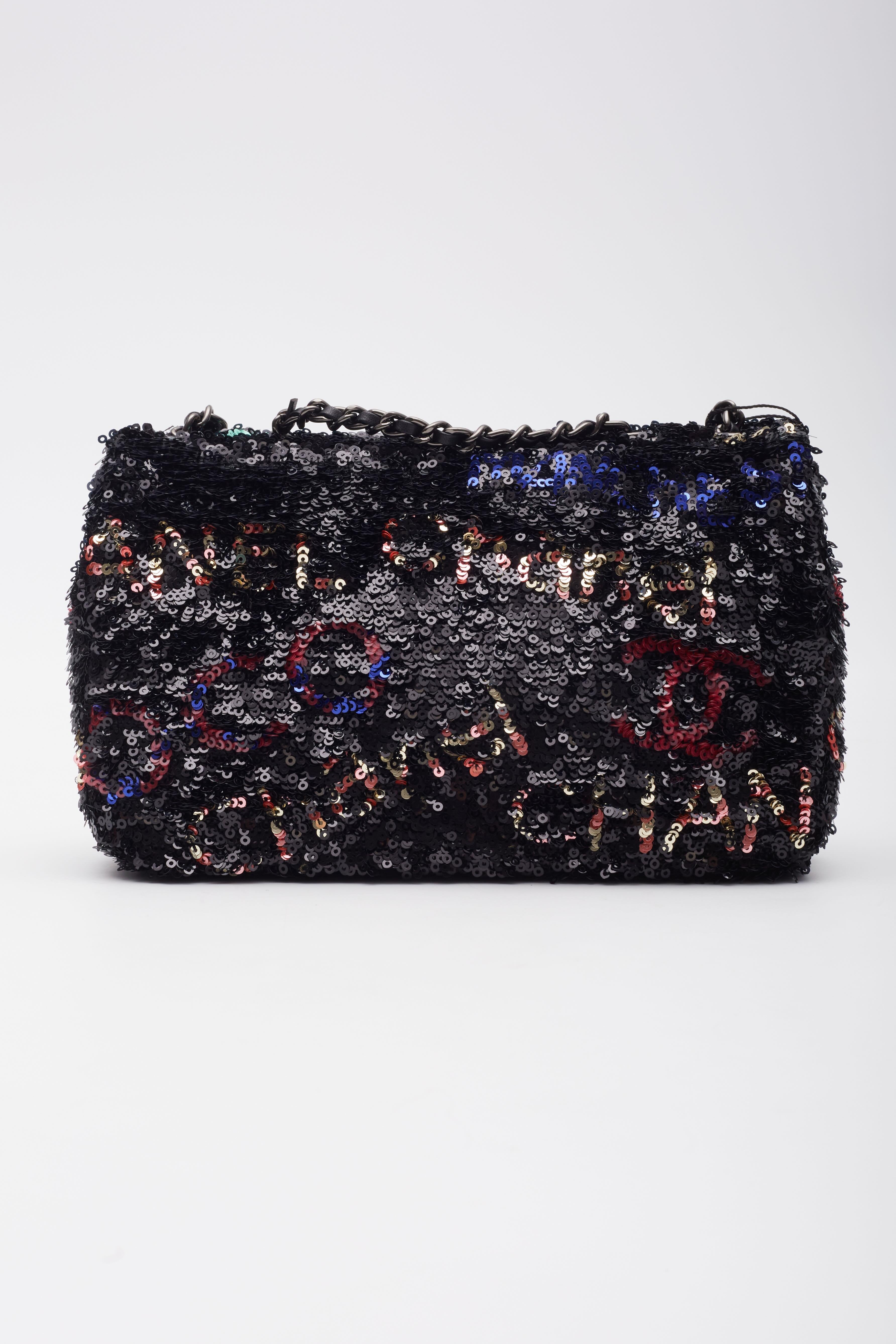 Chanel Sequins Logo CC Single Flap Bag Black Multicolor For Sale 1