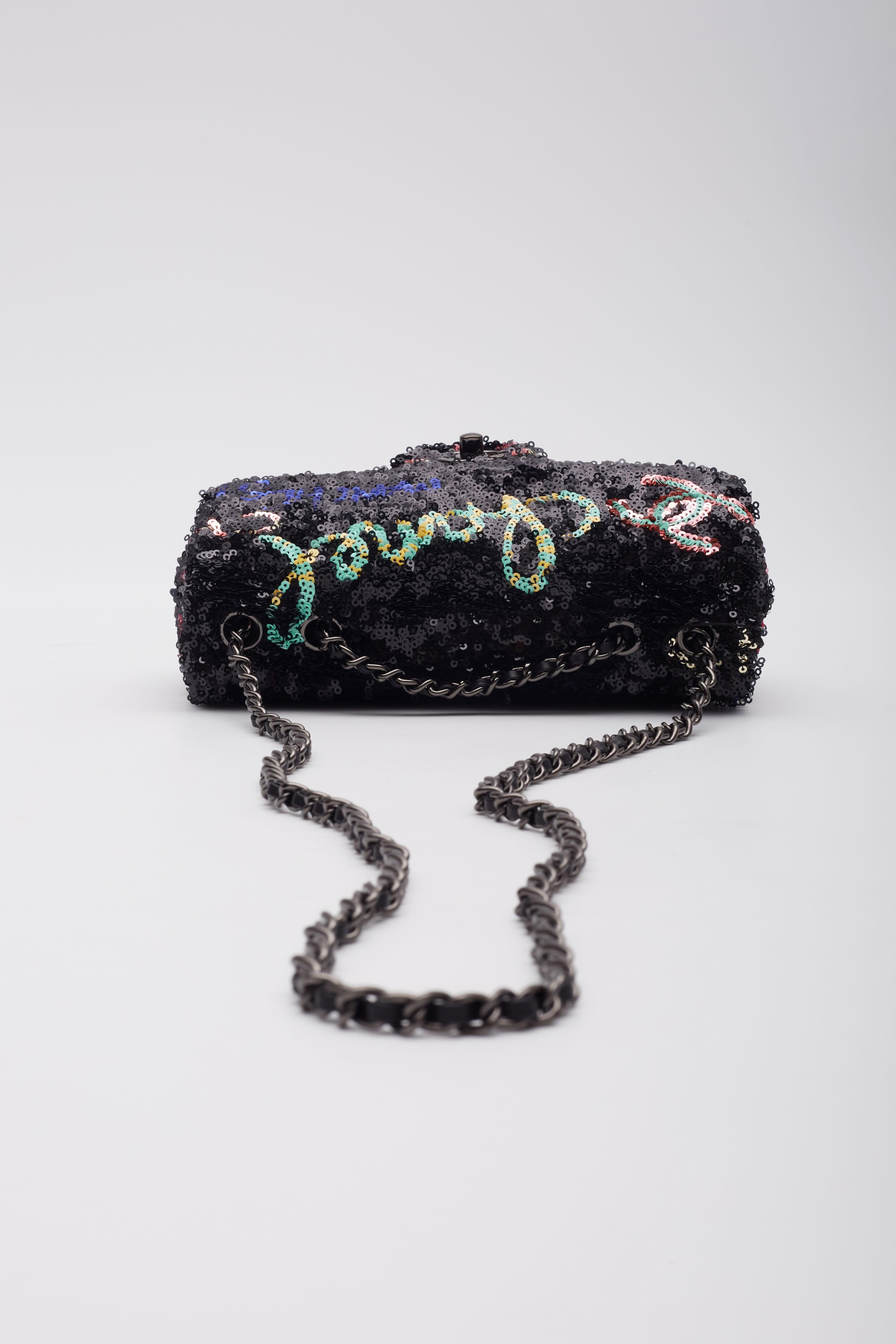 Chanel Sequins Logo CC Single Flap Bag Black Multicolor For Sale 3
