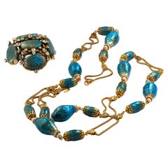 CHANEL SET NECKLACE AND BROOCH turquoise stones with rhinstone signed 94 P-1994