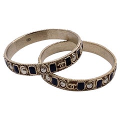 Chanel Set of 2 Gold Metal Black Enamel Pearls Cuff Bangle Bracelets