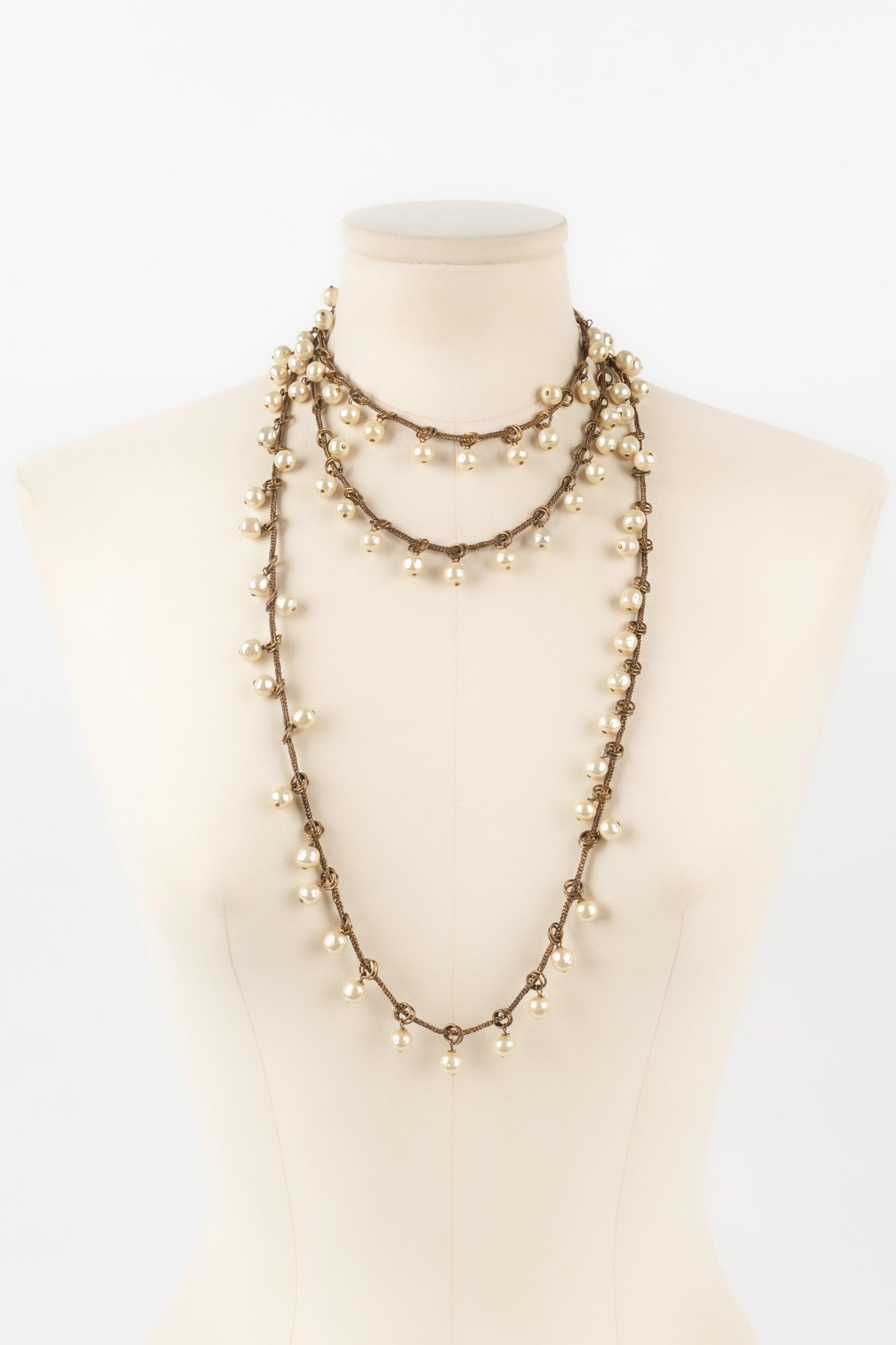 Women's Chanel Set of Two Dark-golden Metal Necklaces with Costume Pearls, 1983 For Sale