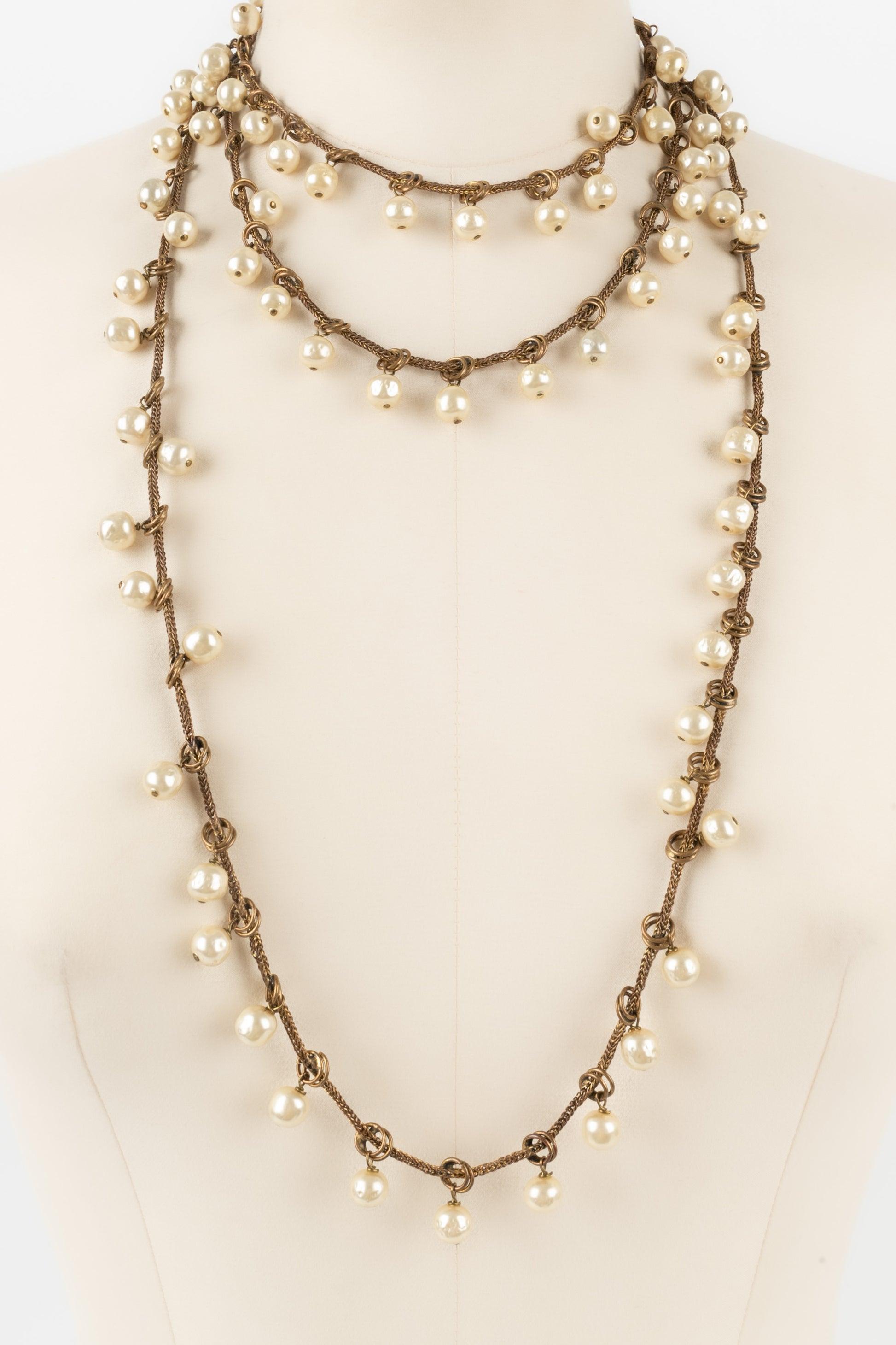 Chanel Set of Two Dark-golden Metal Necklaces with Costume Pearls, 1983 For Sale 1