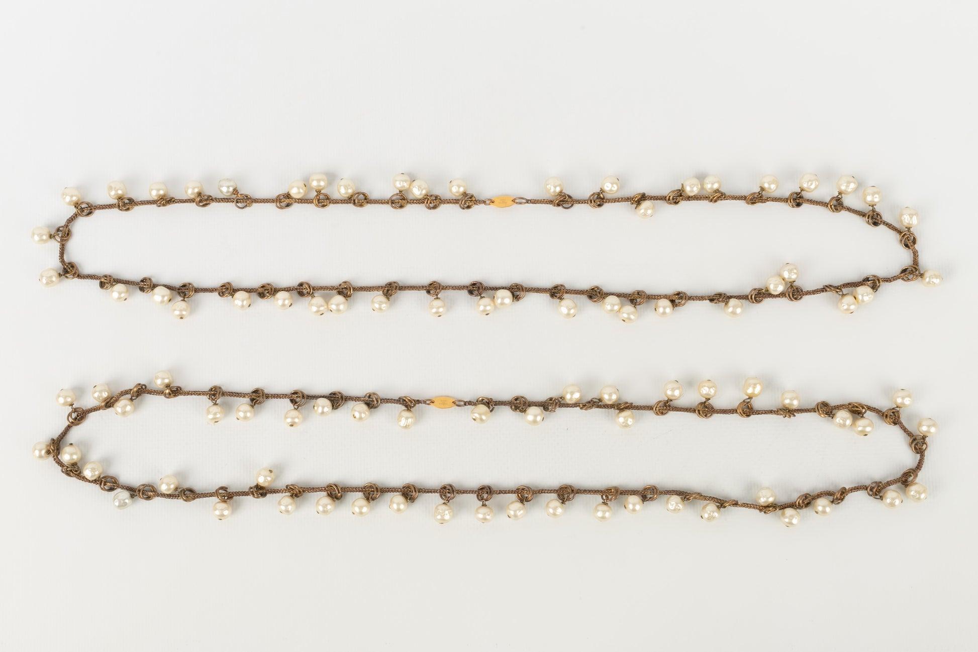 Chanel Set of Two Dark-golden Metal Necklaces with Costume Pearls, 1983 For Sale 2