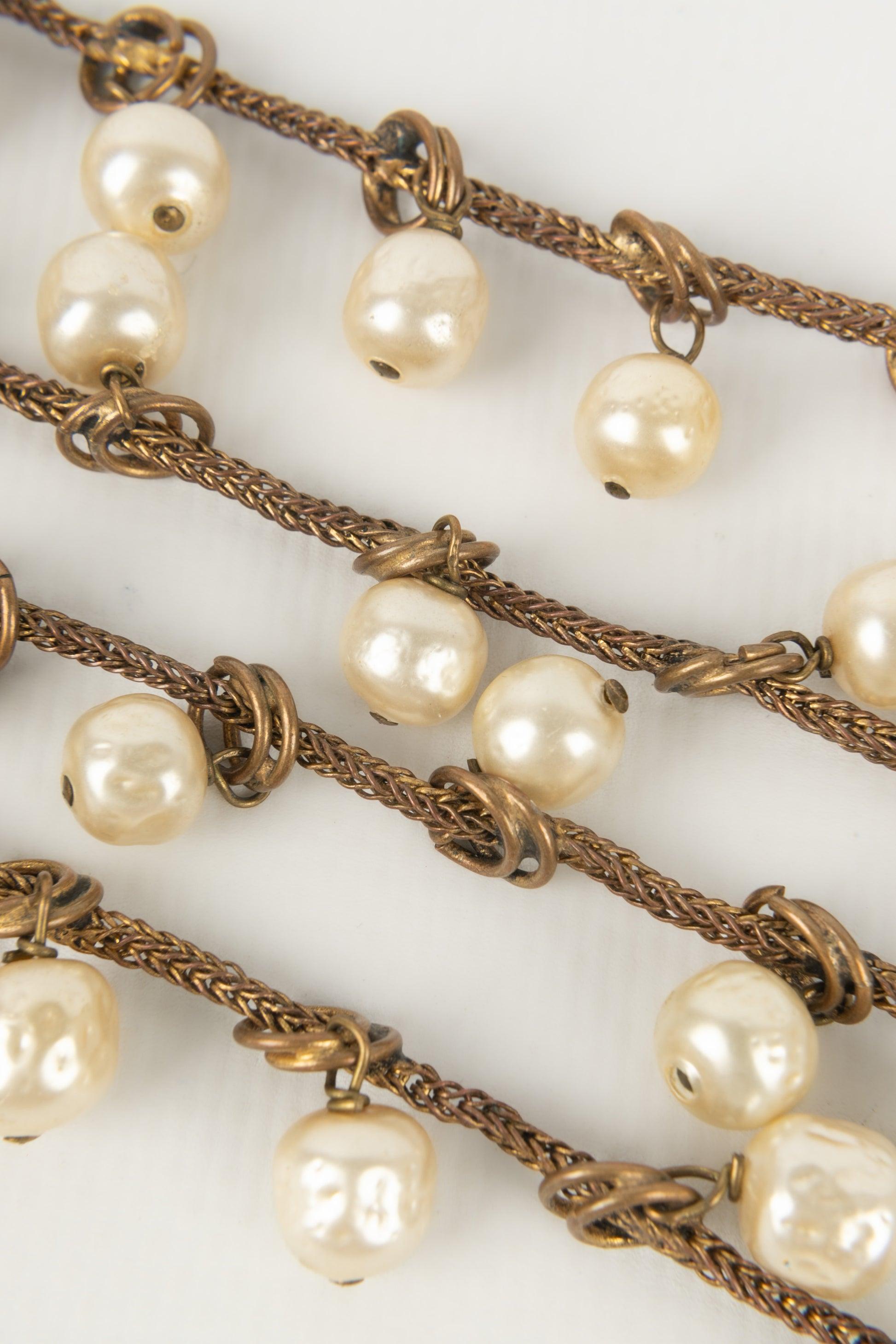 Chanel Set of Two Dark-golden Metal Necklaces with Costume Pearls, 1983 For Sale 3
