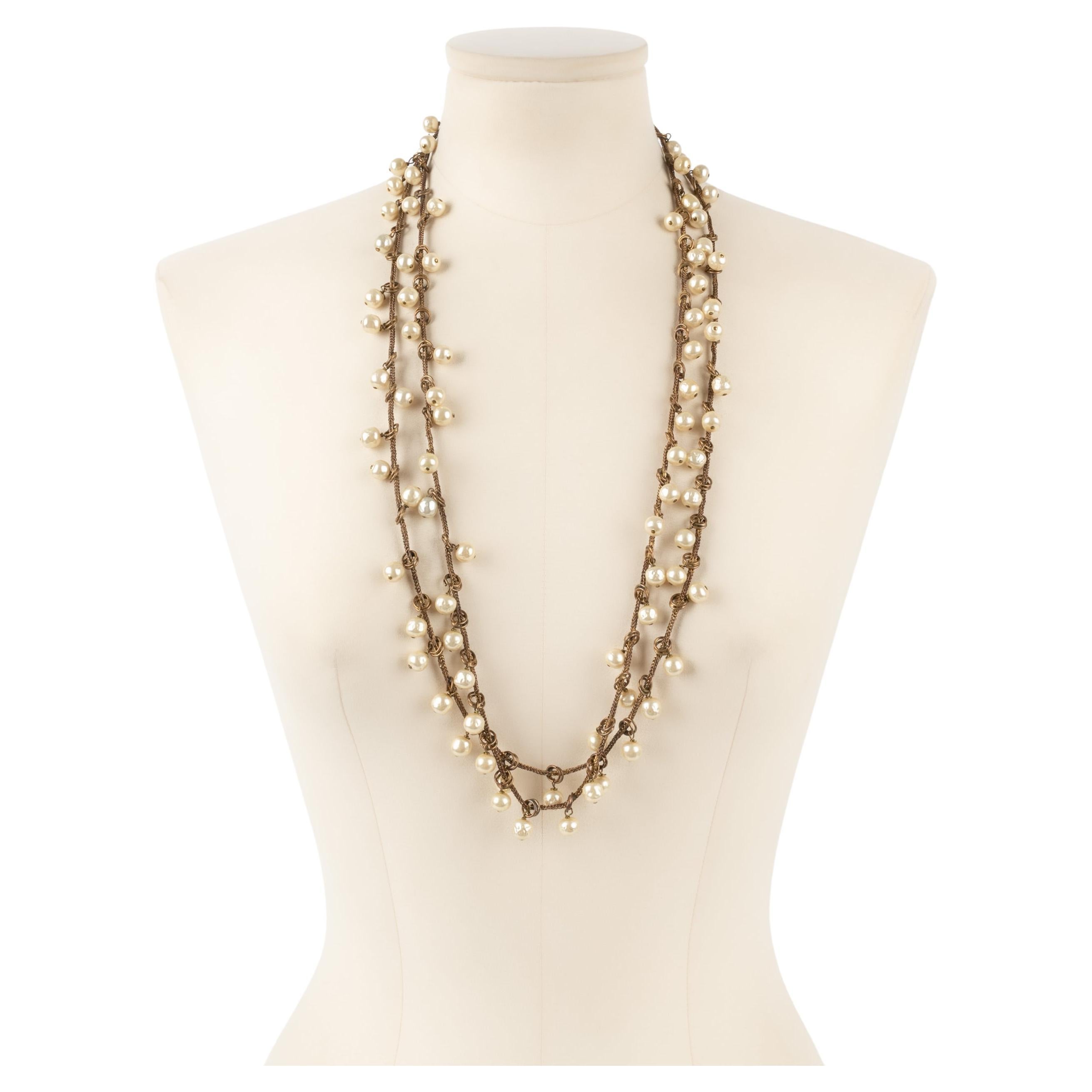 Chanel Set of Two Dark-golden Metal Necklaces with Costume Pearls, 1983 For Sale
