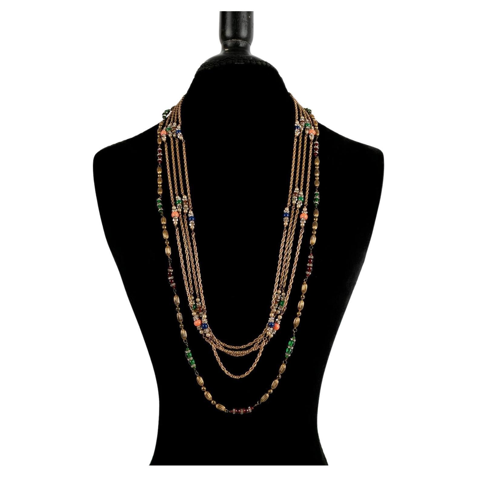 Chanel Set of Vintage Long Necklaces in Gold Metal and Glass Beads For Sale