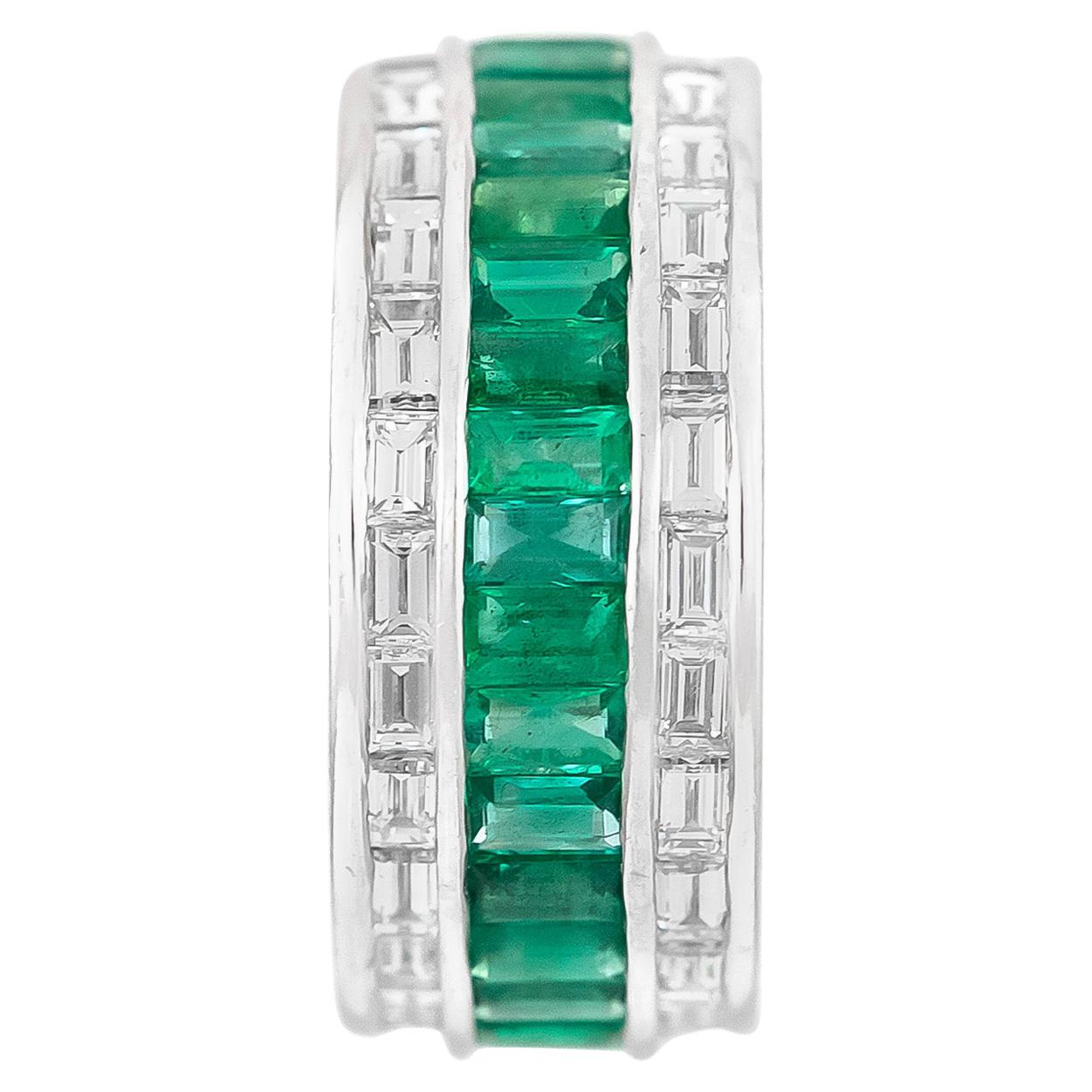 Channel Set with Emerald and Diamonds Wedding Band For Sale