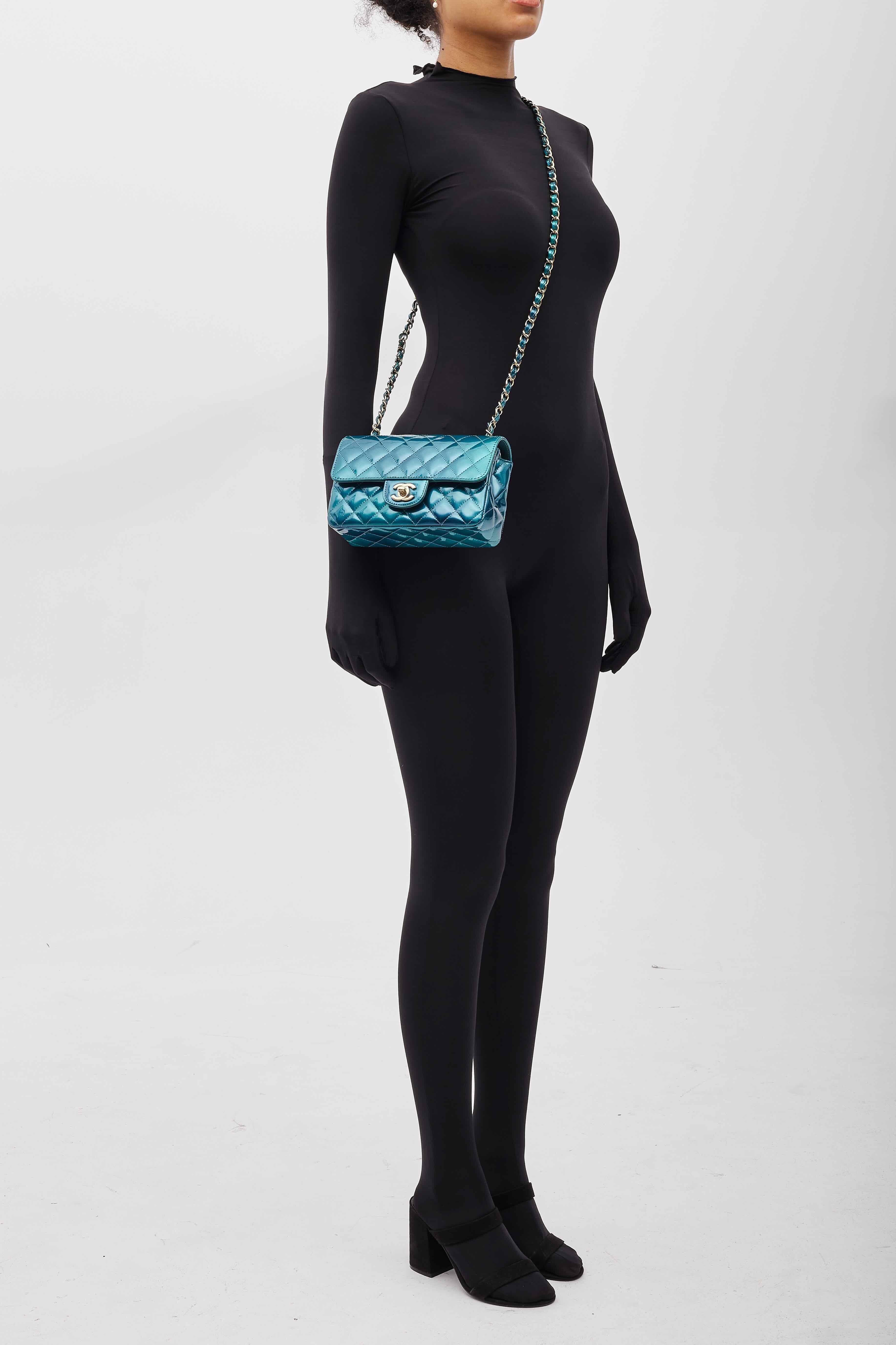 Chanel Patent Calfskin Mini Rectangular Flap Green Blue XS For Sale 6