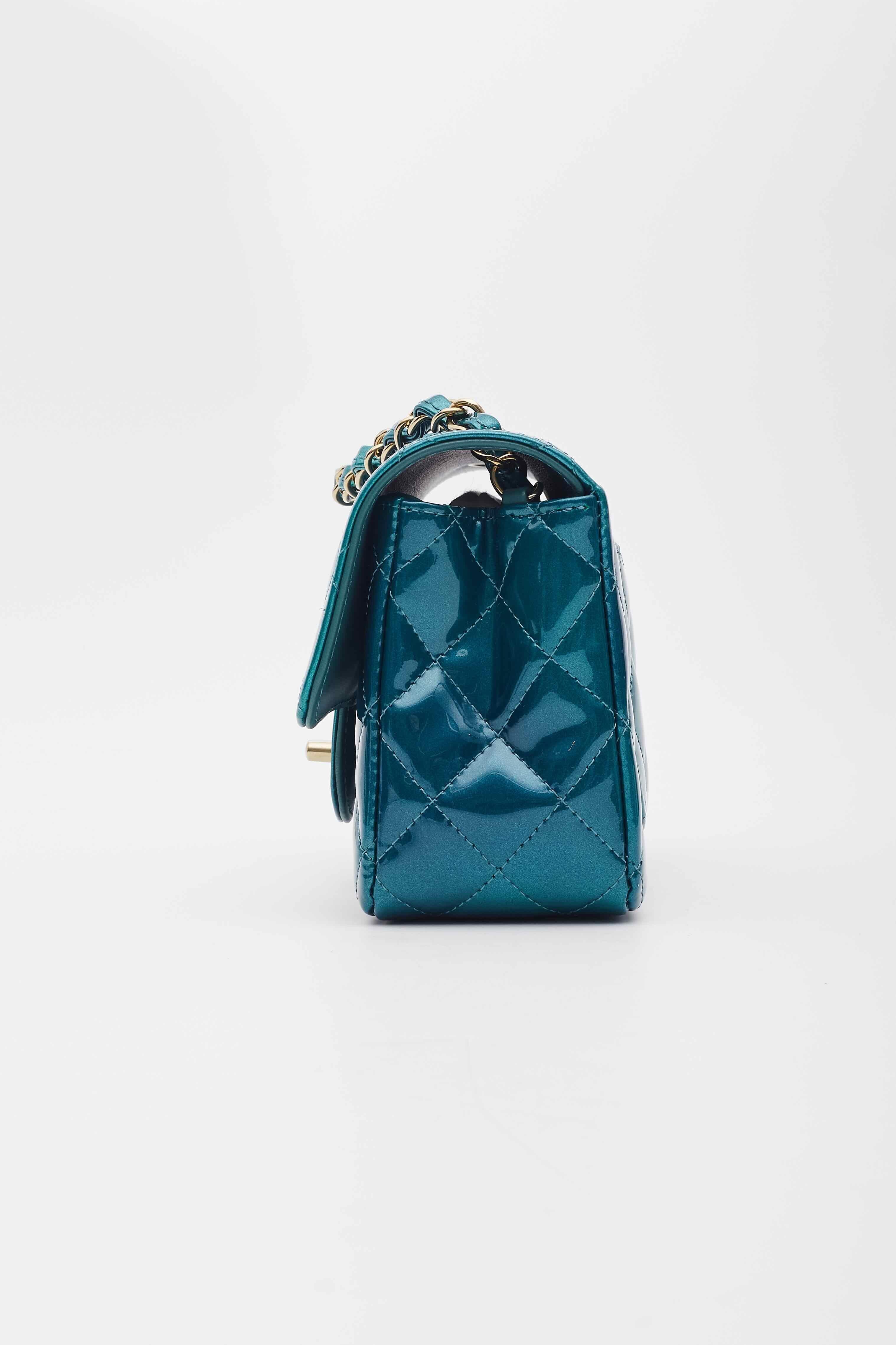 Women's Chanel Patent Calfskin Mini Rectangular Flap Green Blue XS For Sale