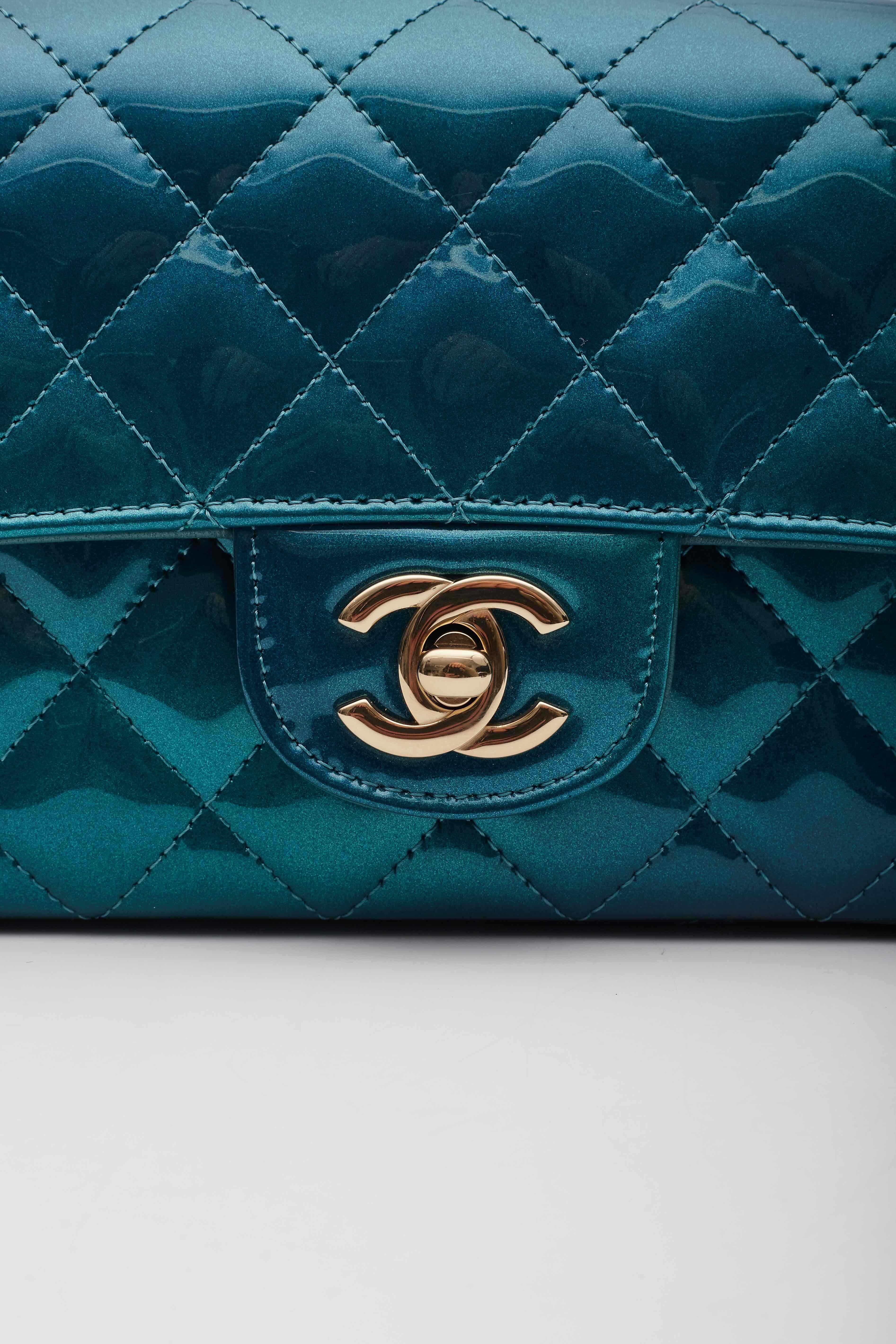 Chanel Patent Calfskin Mini Rectangular Flap Green Blue XS For Sale 2