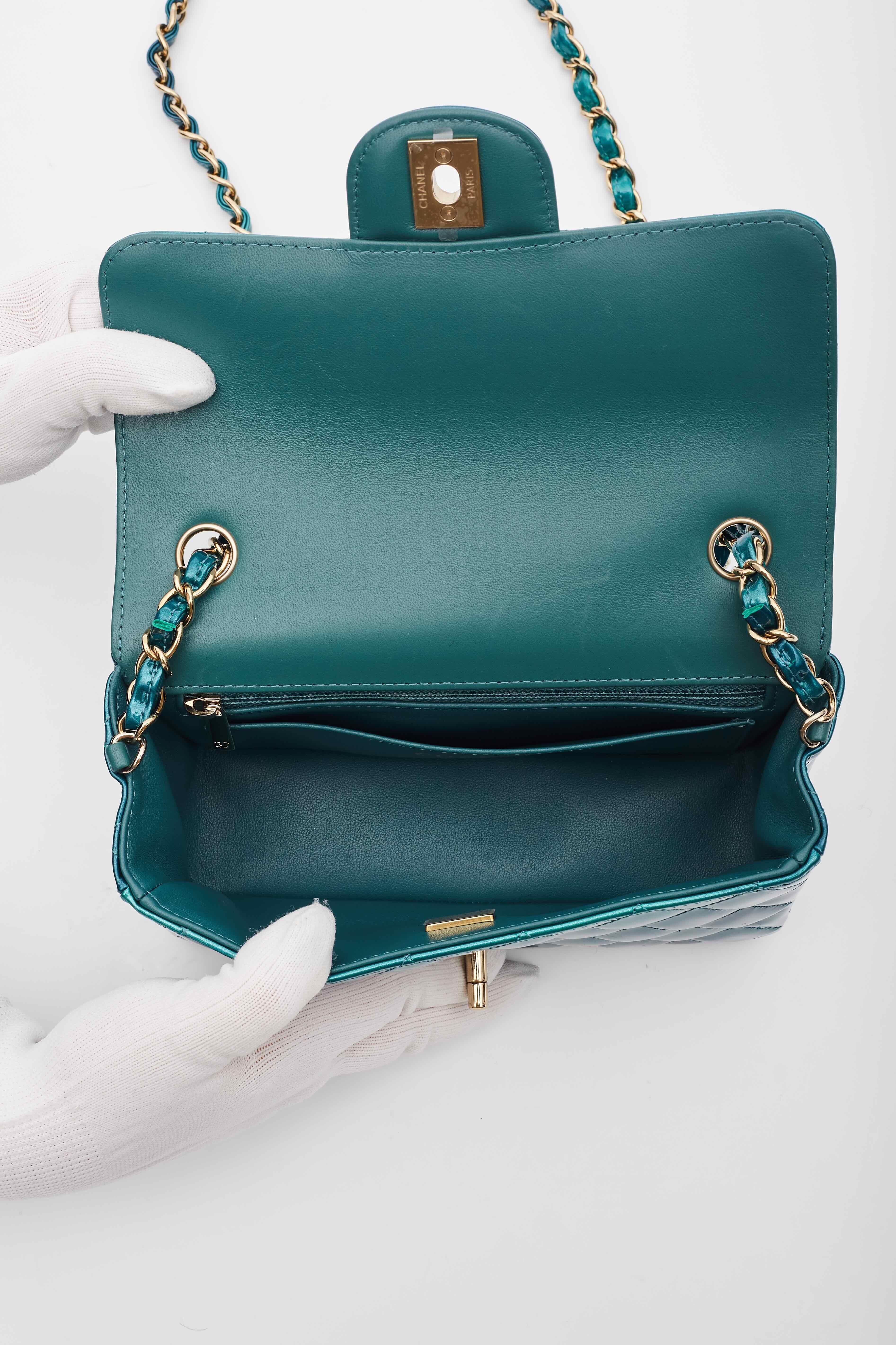 Chanel Patent Calfskin Mini Rectangular Flap Green Blue XS For Sale 3