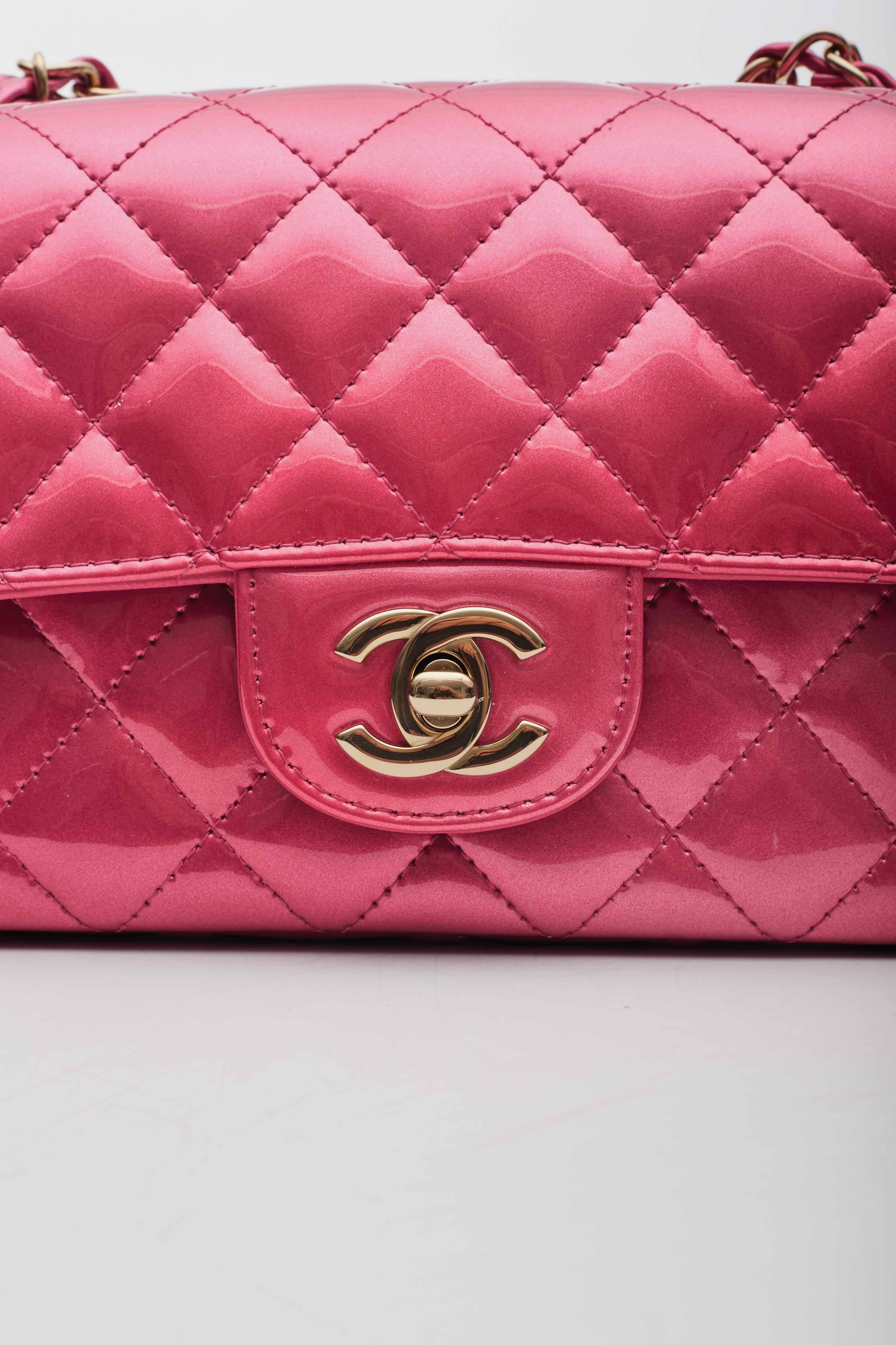 Women's Chanel Shaded Patent Calfskin Quilted Mini Rectangular Flap Pink XS For Sale