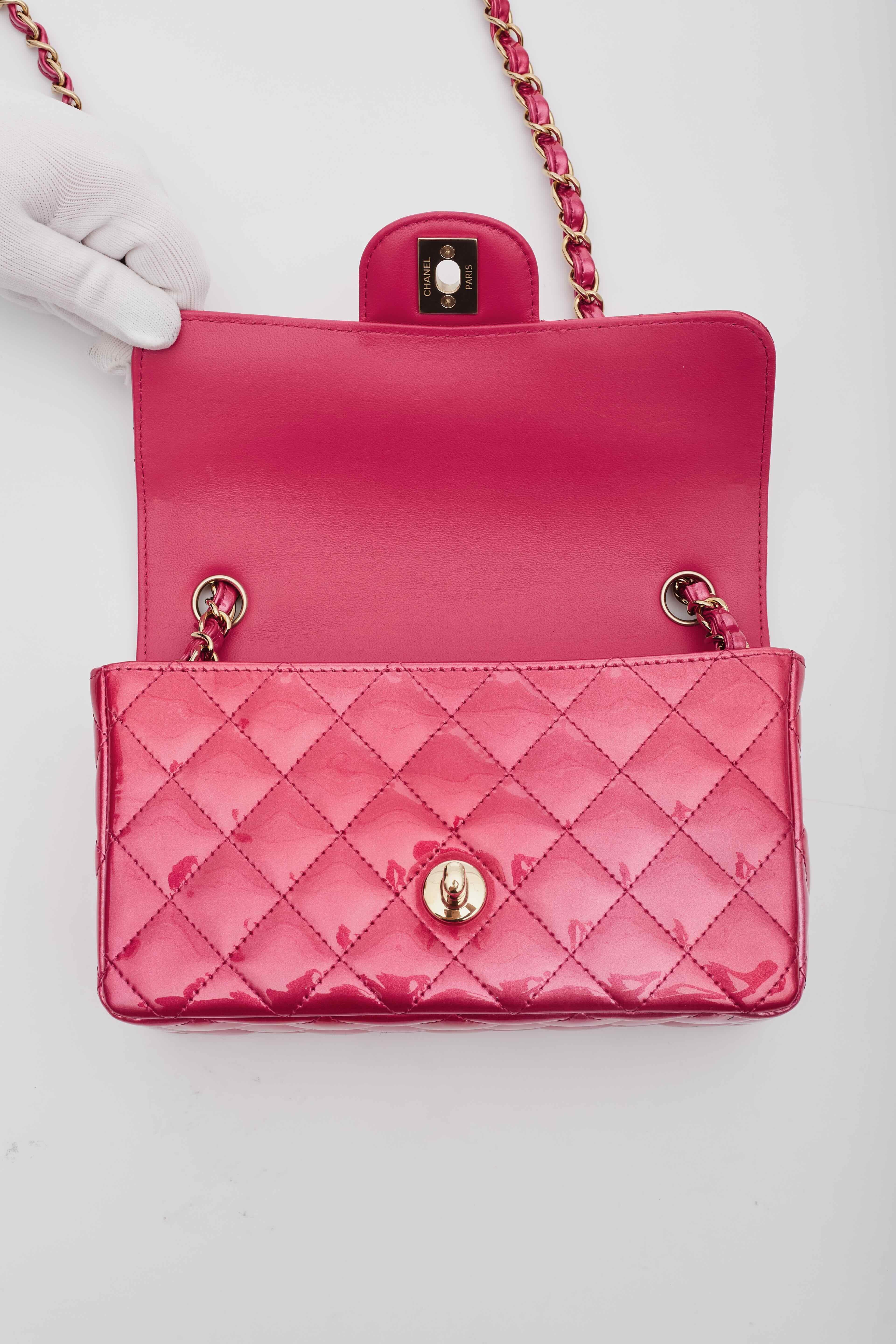 Chanel Shaded Patent Calfskin Quilted Mini Rectangular Flap Pink XS For Sale 1