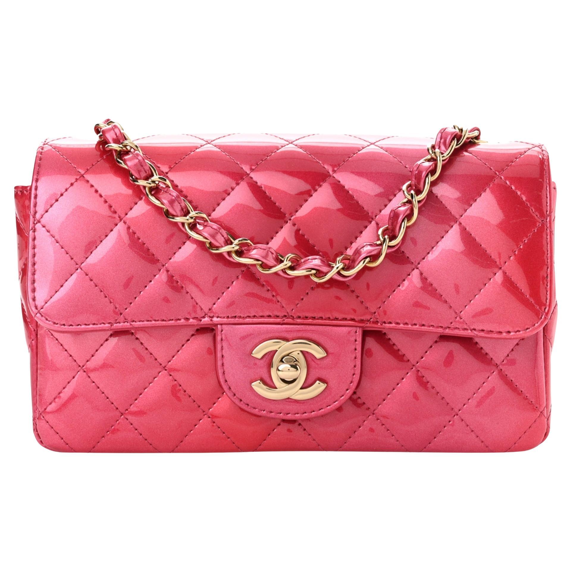 Chanel Shaded Patent Calfskin Quilted Mini Rectangular Flap Pink XS For Sale