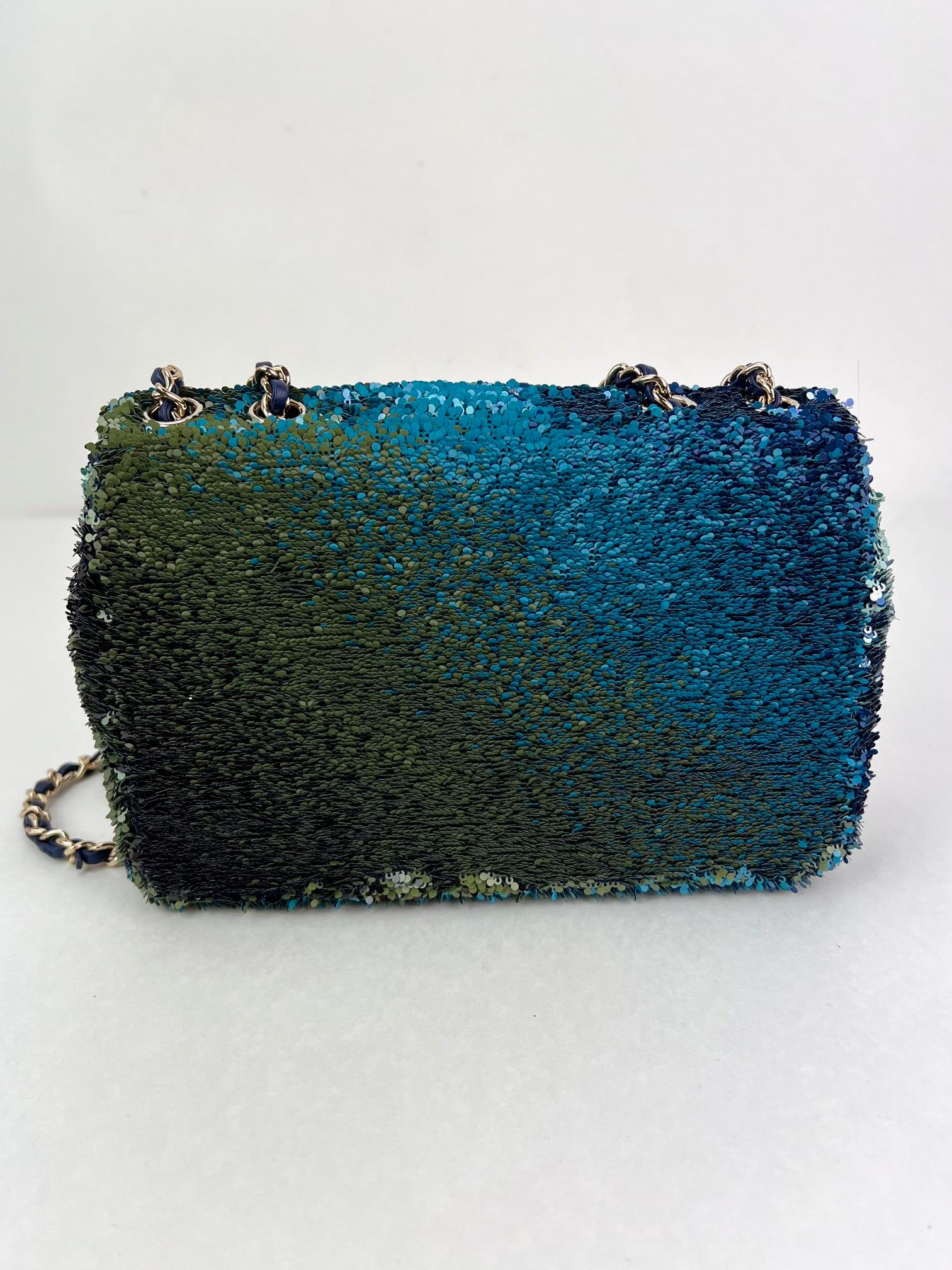 Chanel Shaded Sequins Mini Flap Green, Blue, Black Shoulder Bag For Sale 11