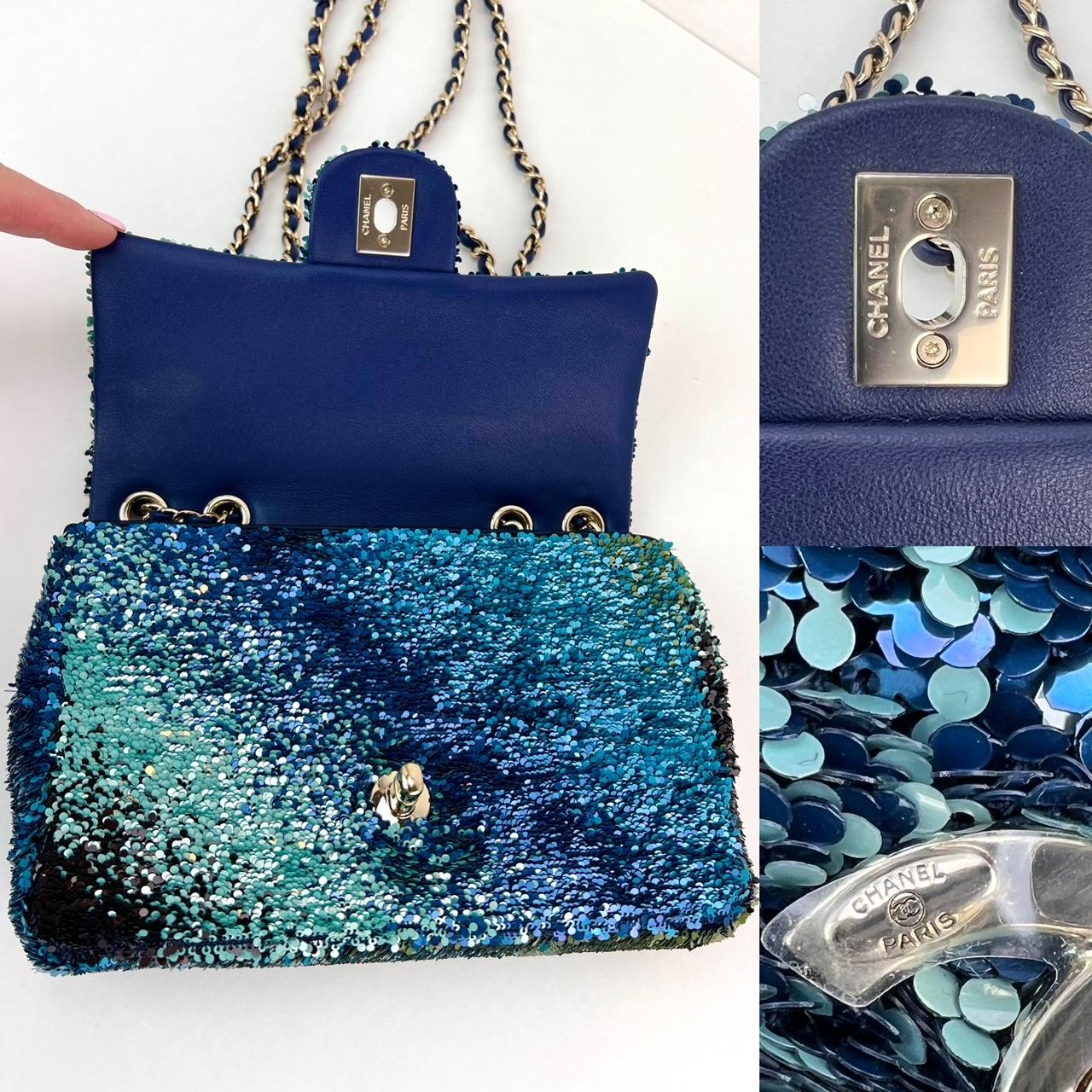 Chanel Shaded Sequins Mini Flap Green, Blue, Black Shoulder Bag For Sale 3