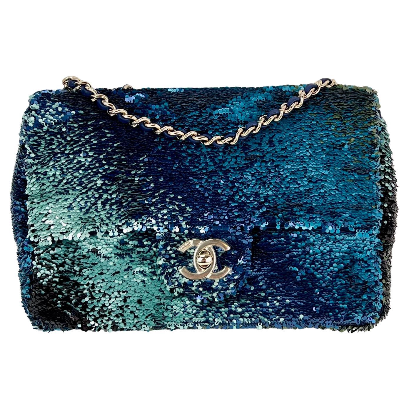 Chanel Shaded Sequins Mini Flap Green, Blue, Black Shoulder Bag For Sale