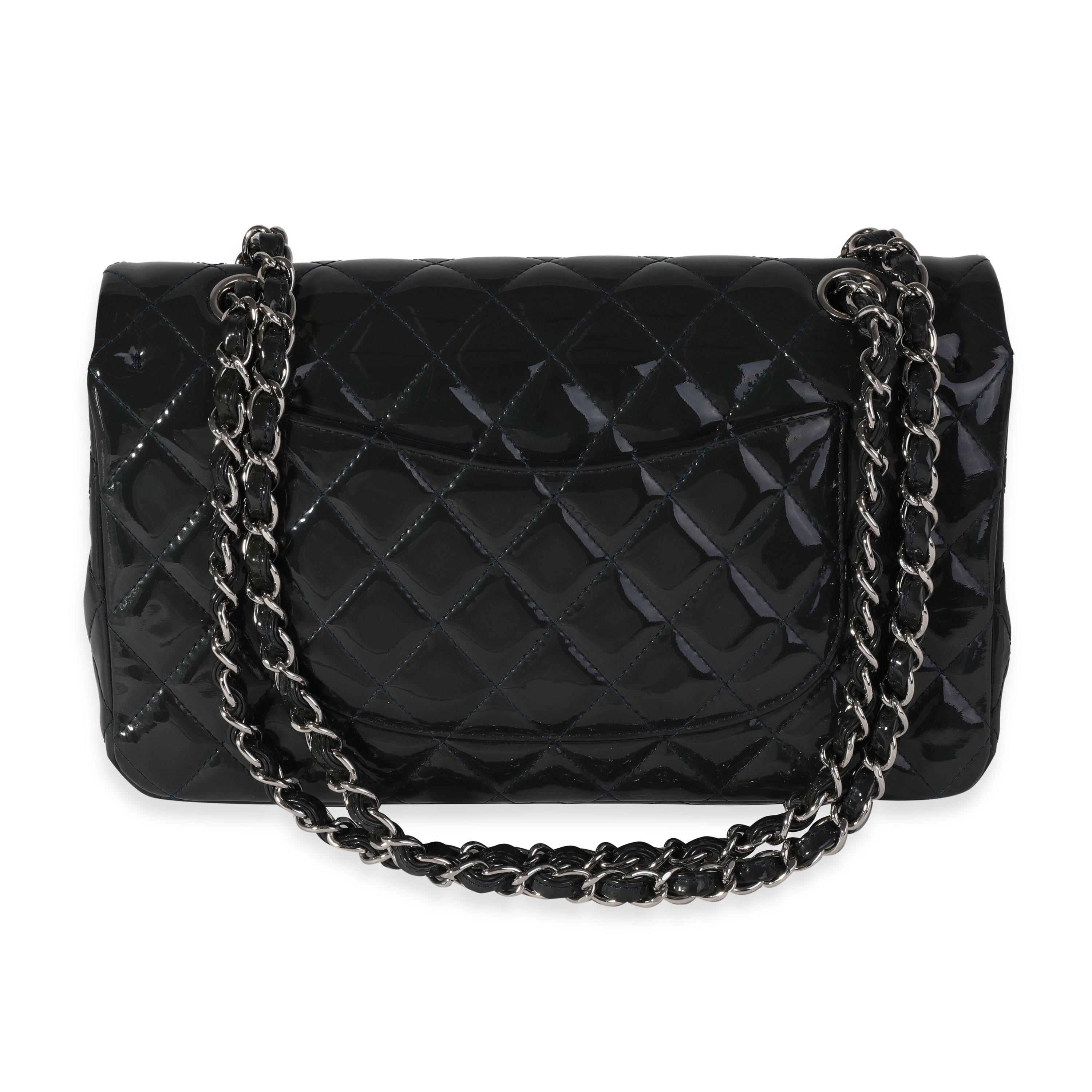 Black Chanel Shadow & Blue Quilted Patent Leather Medium Classic Double Flap Bag For Sale