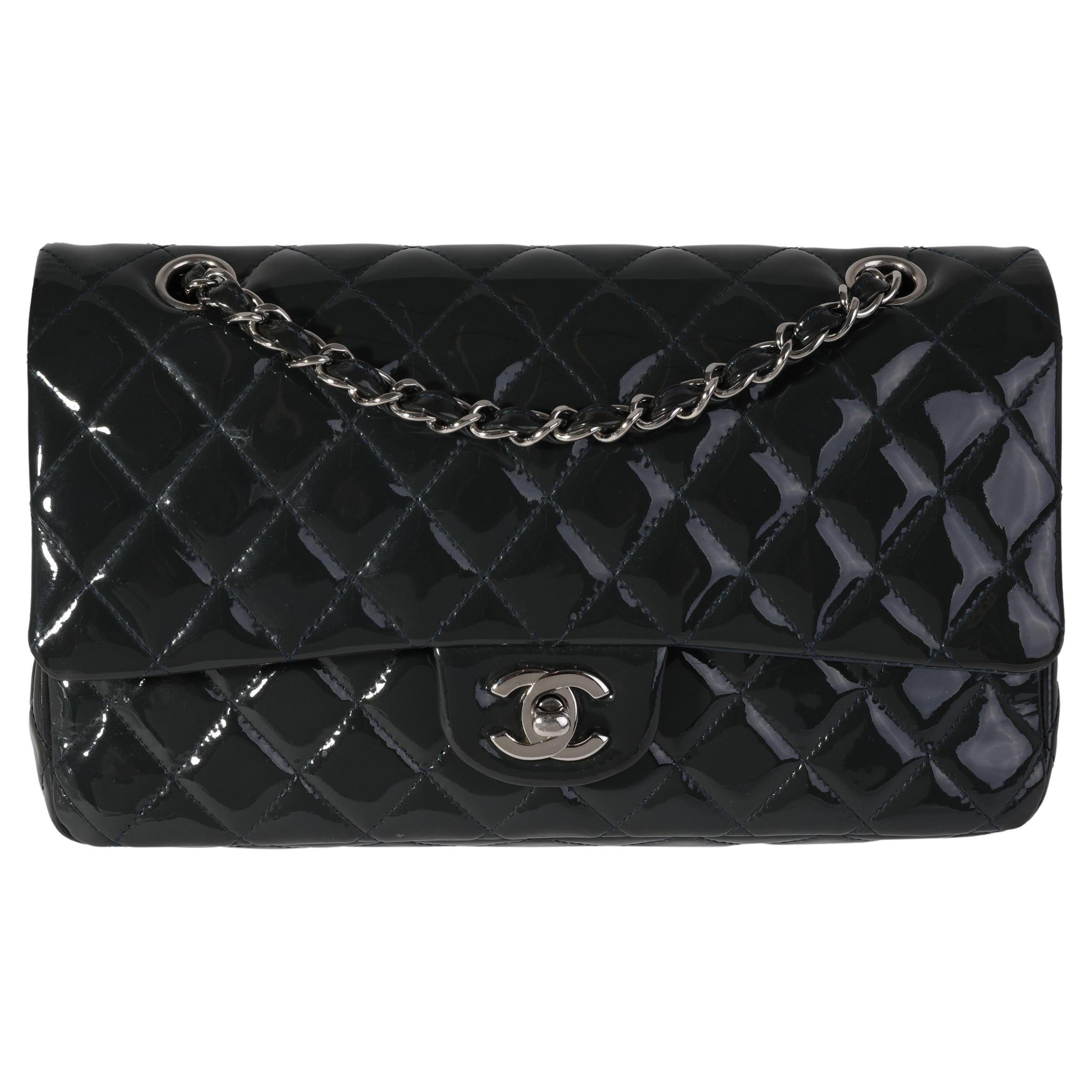 Chanel Shadow & Blue Quilted Patent Leather Medium Classic Double Flap Bag For Sale