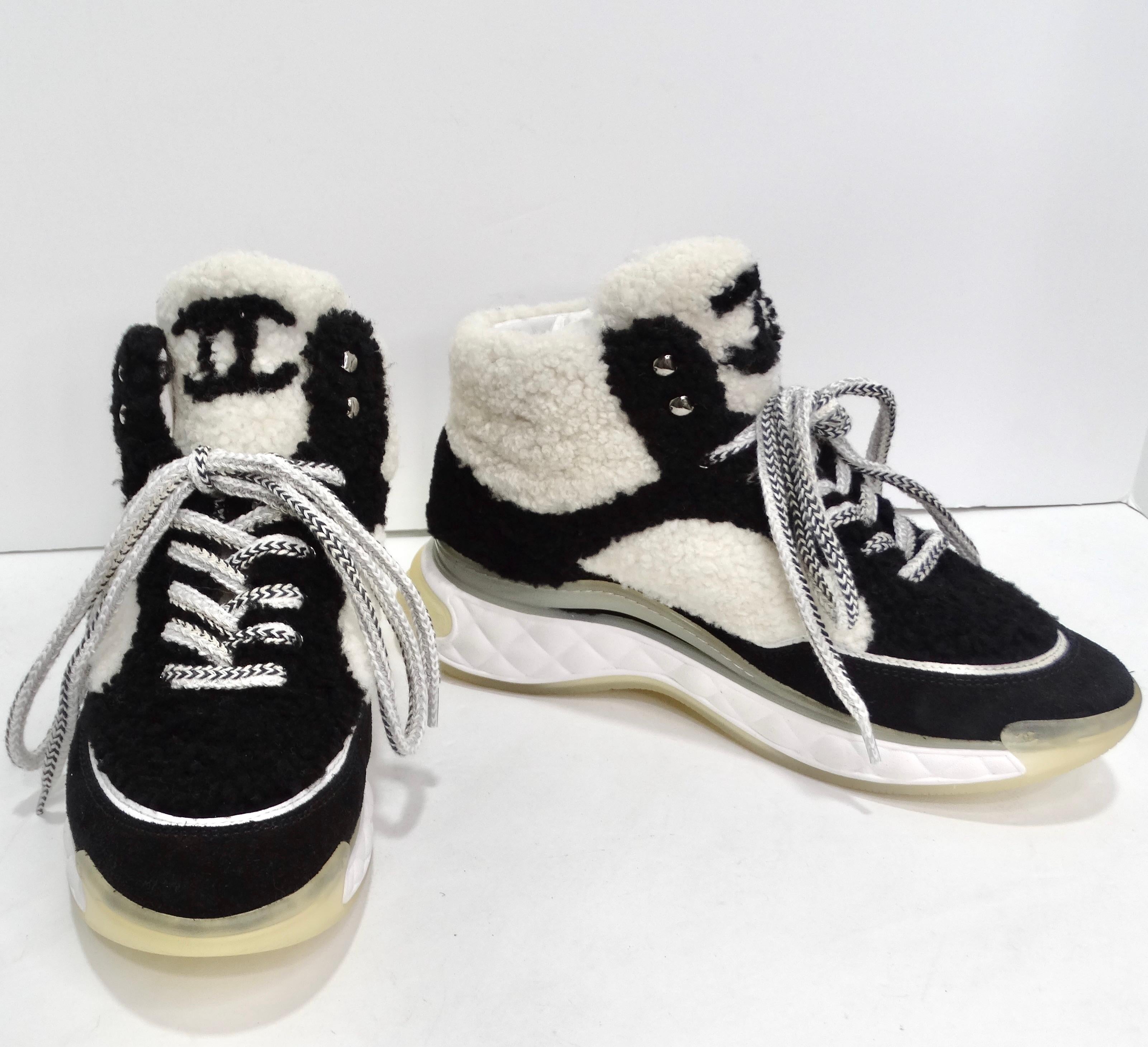 Women's or Men's Chanel Shearling Suede CC High Top Sneakers For Sale