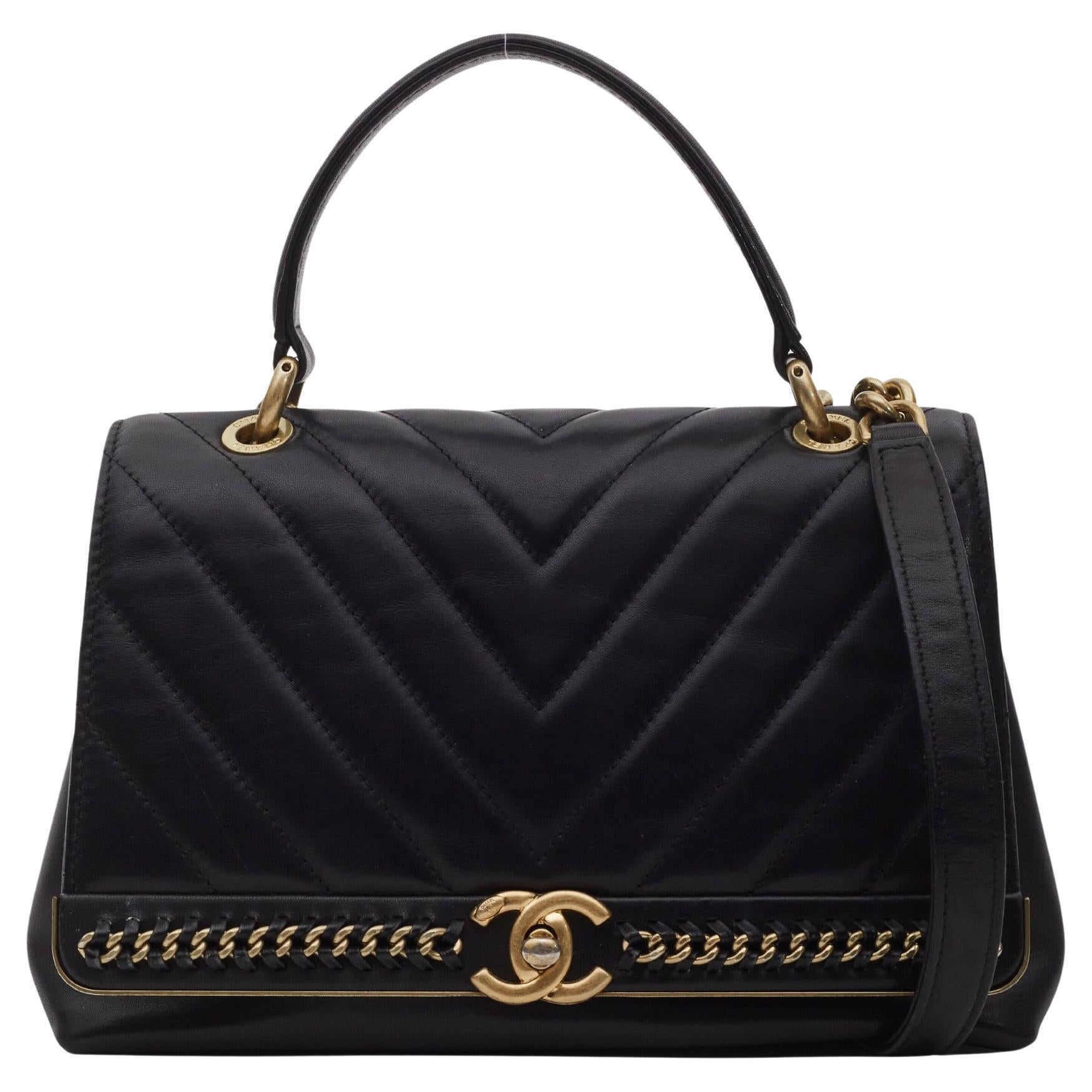 Chanel Sheepskin Black Chevron Stitched Chain Top Handle Flap Bag For Sale