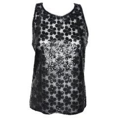 Chanel Sheer Sleeveless Shell Top With Sequin Camellia Embroidery Allover 40 EU