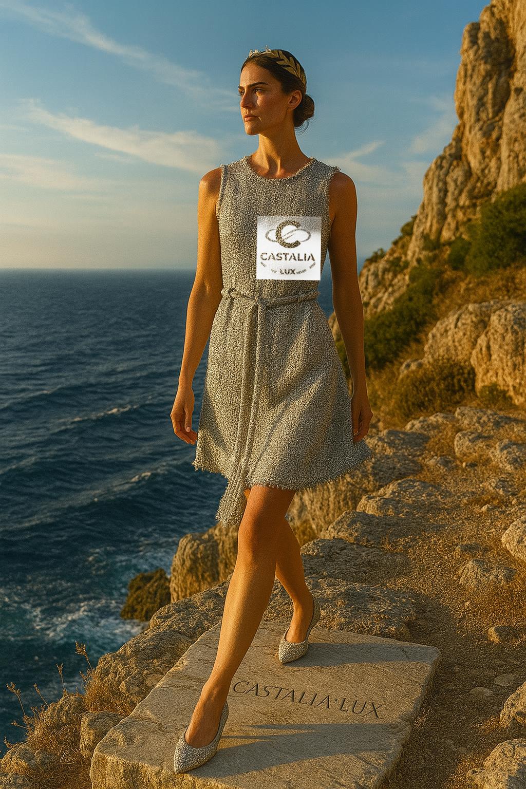 Gray CHANEL Shimmer Lissage Tweed Belted Dress 36 FR