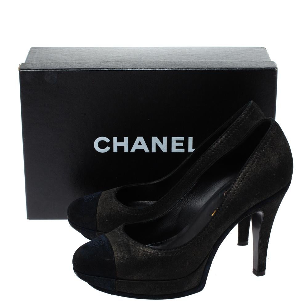 Chanel Shimmery Black/Navy Blue Suede CC Cap Toe Platform Pumps Size 39 5