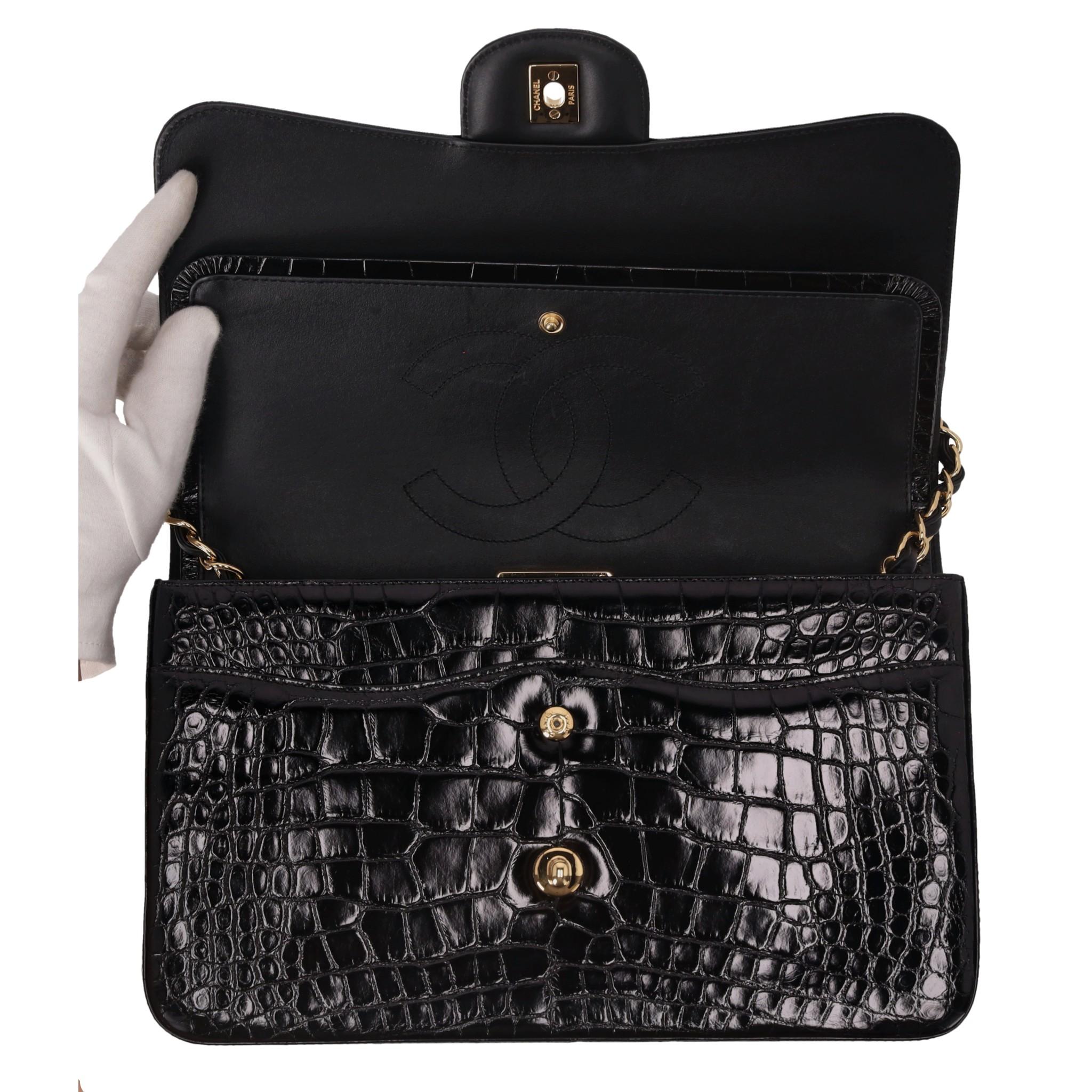 Black Chanel Shiny Alligator Jumbo Double Flap Bag For Sale