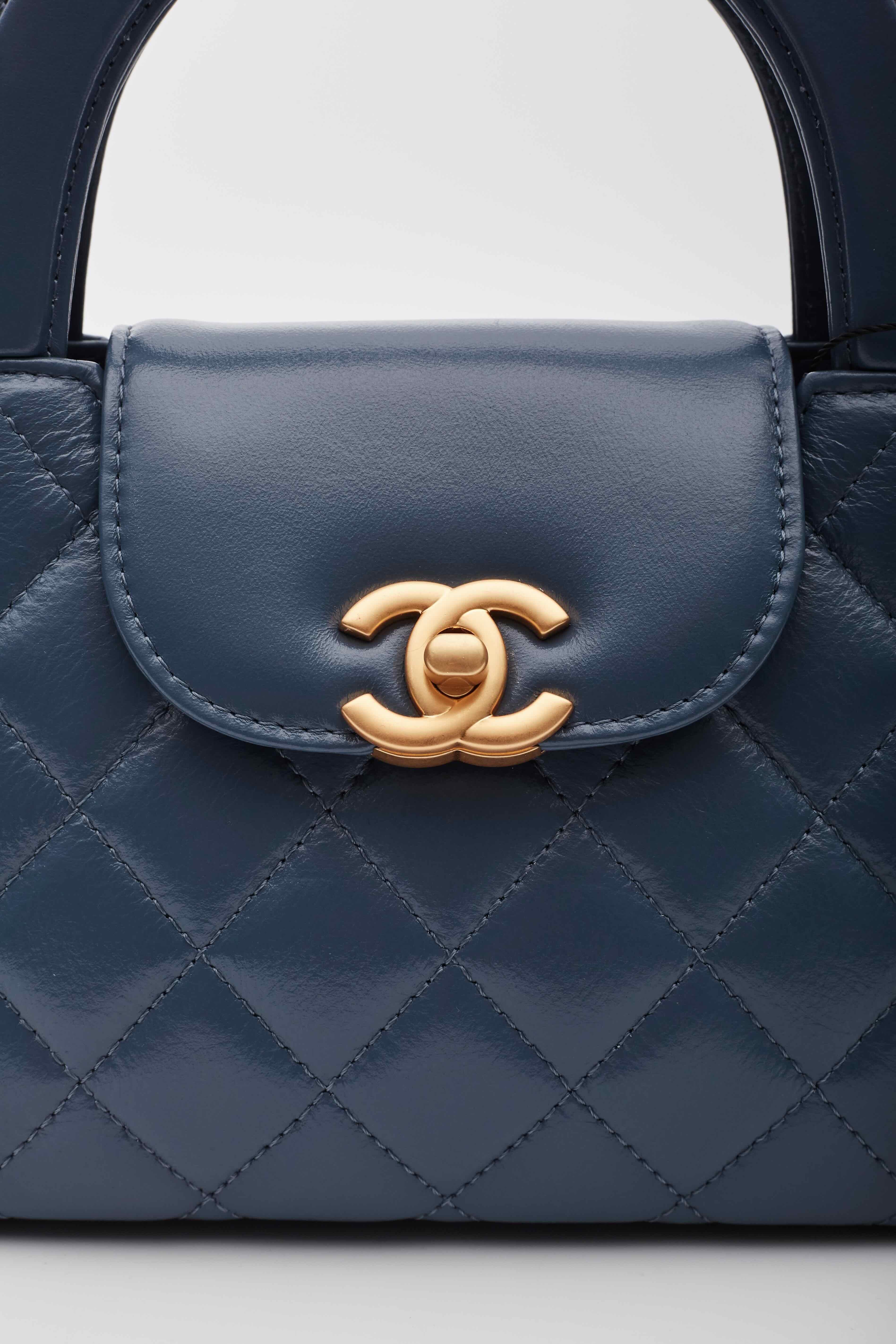 Gray Chanel Shiny Aged Calfskin Blue Mini Kelly Shopping Bag 2023