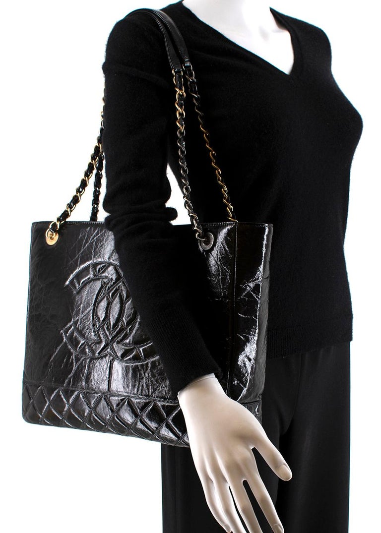 CHANEL Shiny Aged Calfskin CC Chain Mini Drawstring Bag Black