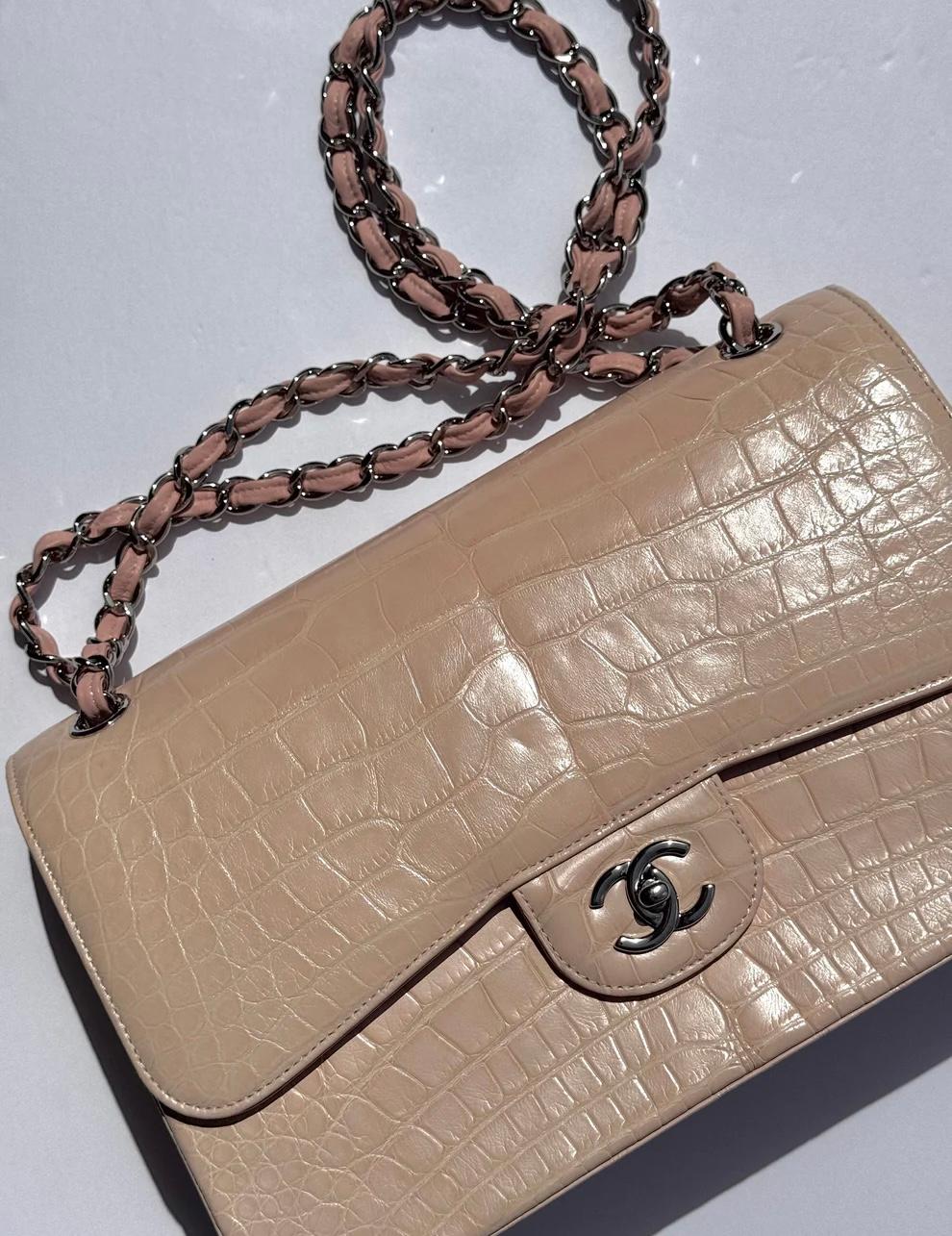Borsa Chanel Alligator Beige Double Flap Jumbo Borsa SHW in vendita 8