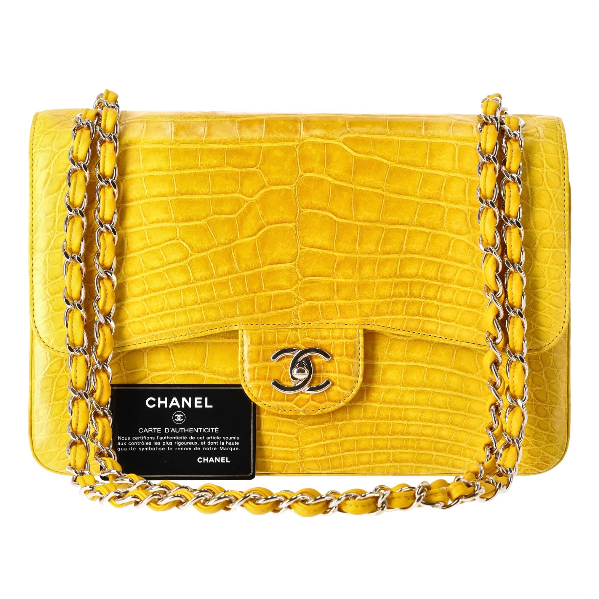 Chanel Shiny Alligator Skin Jumbo Double Flap Hand Bag For Sale 7