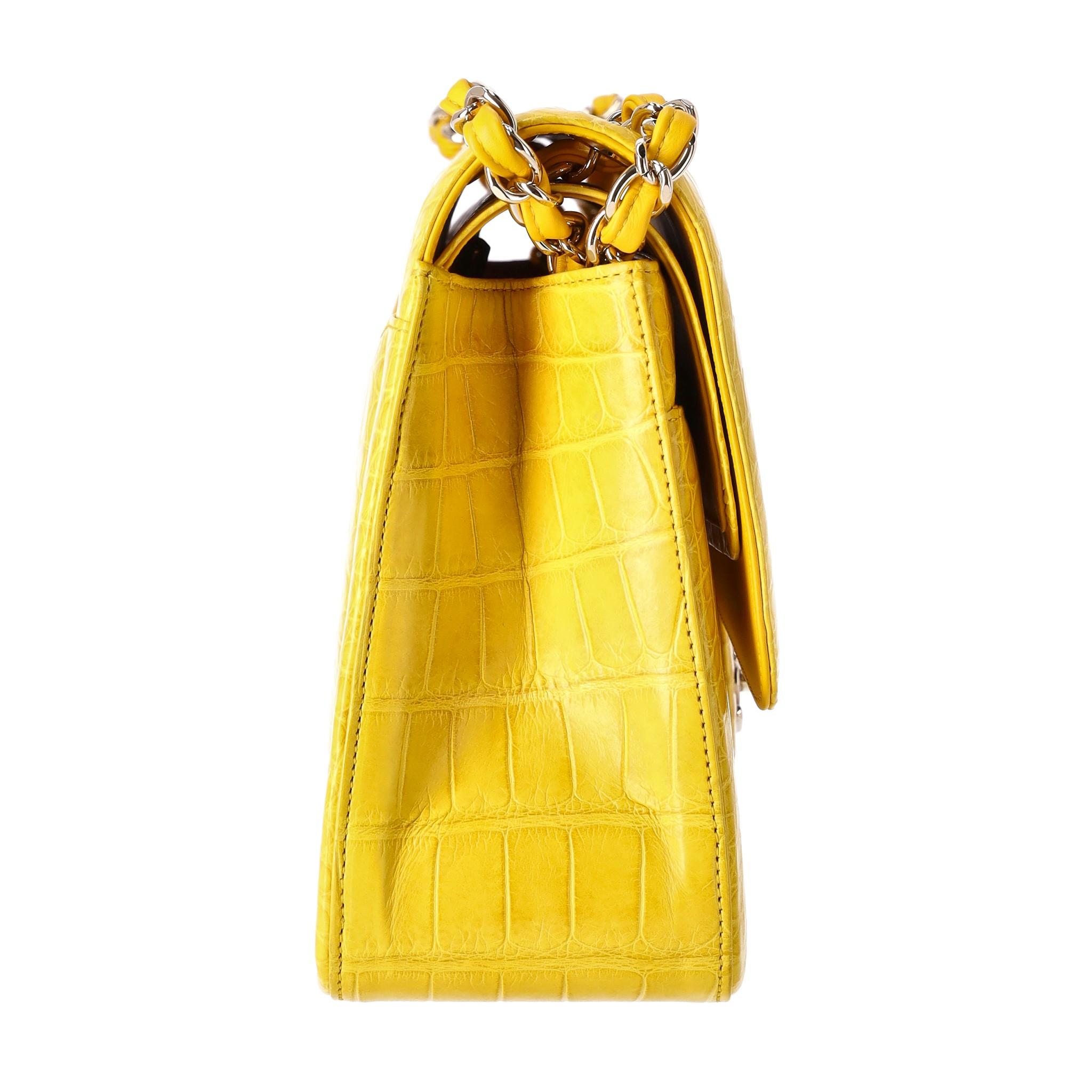 Yellow Chanel Shiny Alligator Skin Jumbo Double Flap Hand Bag For Sale
