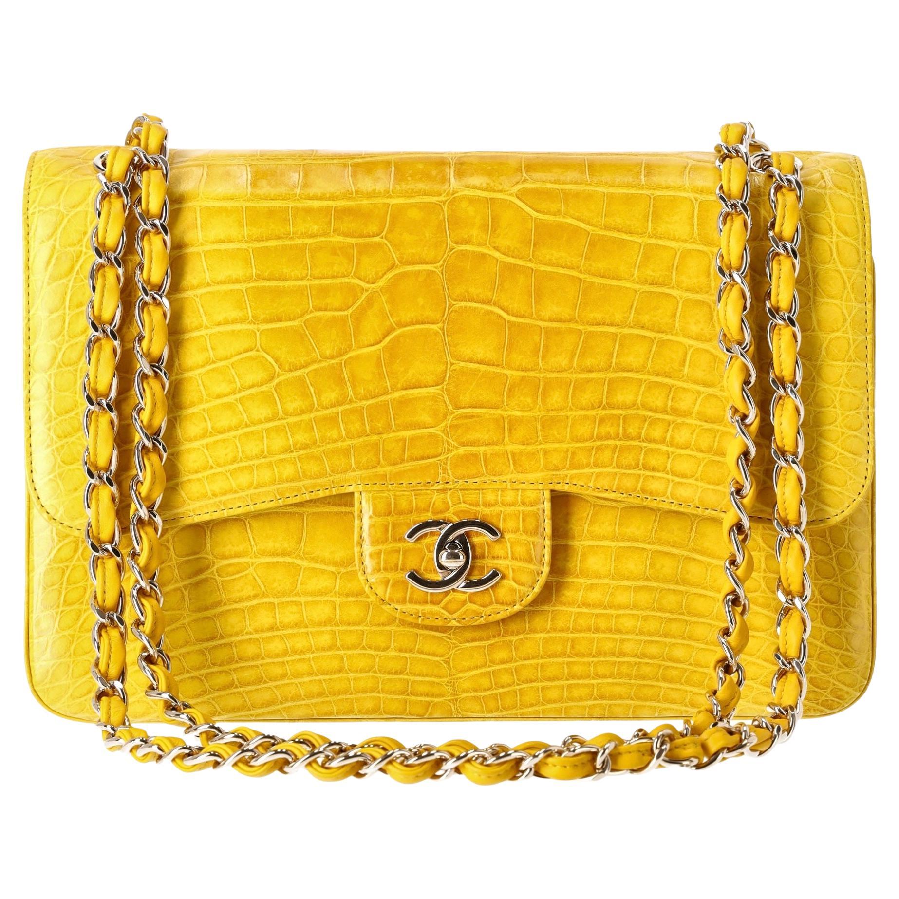Chanel Shiny Alligator Skin Jumbo Double Flap Hand Bag For Sale