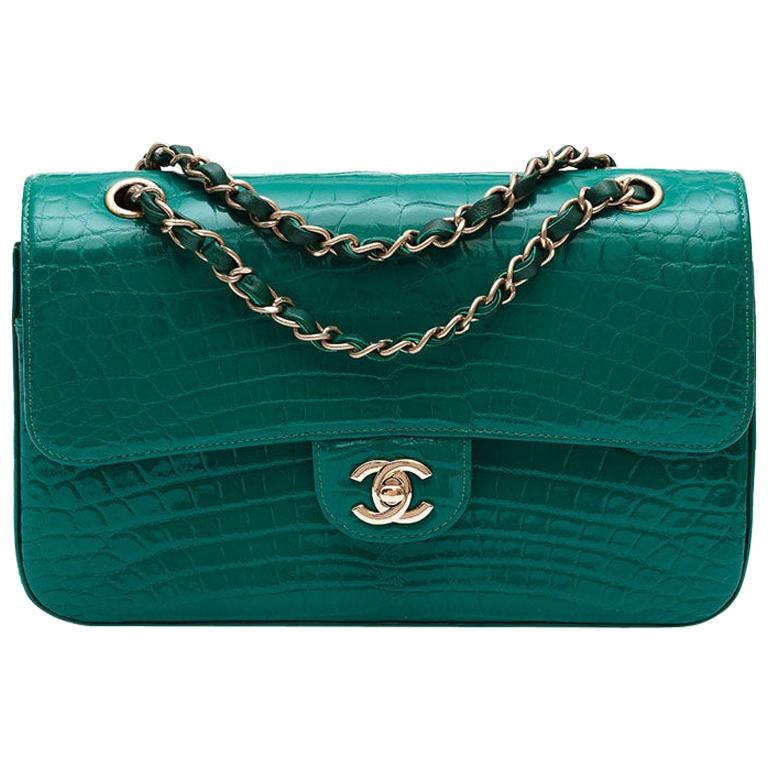 Chanel Shiny Emerald Green Alligator Medium Double Flap Bag at 1stDibs