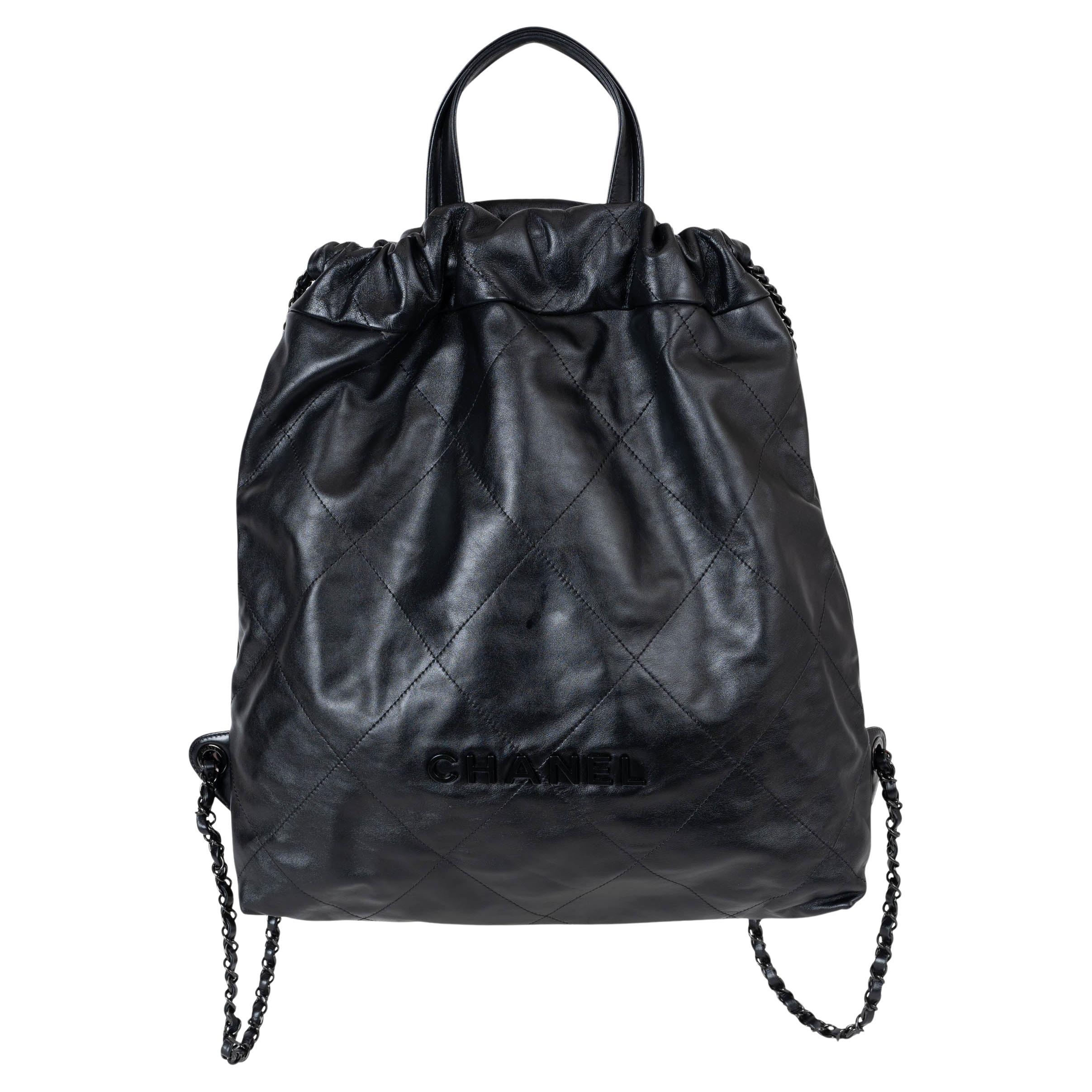CHANEL shiny leather SO BLACK 22 LARGE BACKPACK Bag