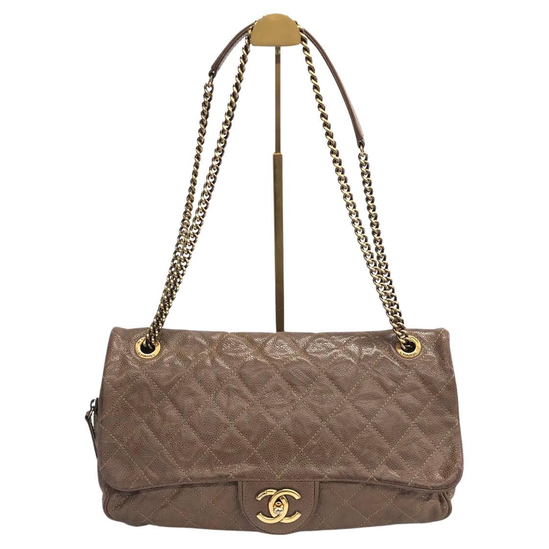 Chanel Shiva Flap Bag Jumbo Brown Quilted Shiny Caviar Leather Gold Hardware For Sale