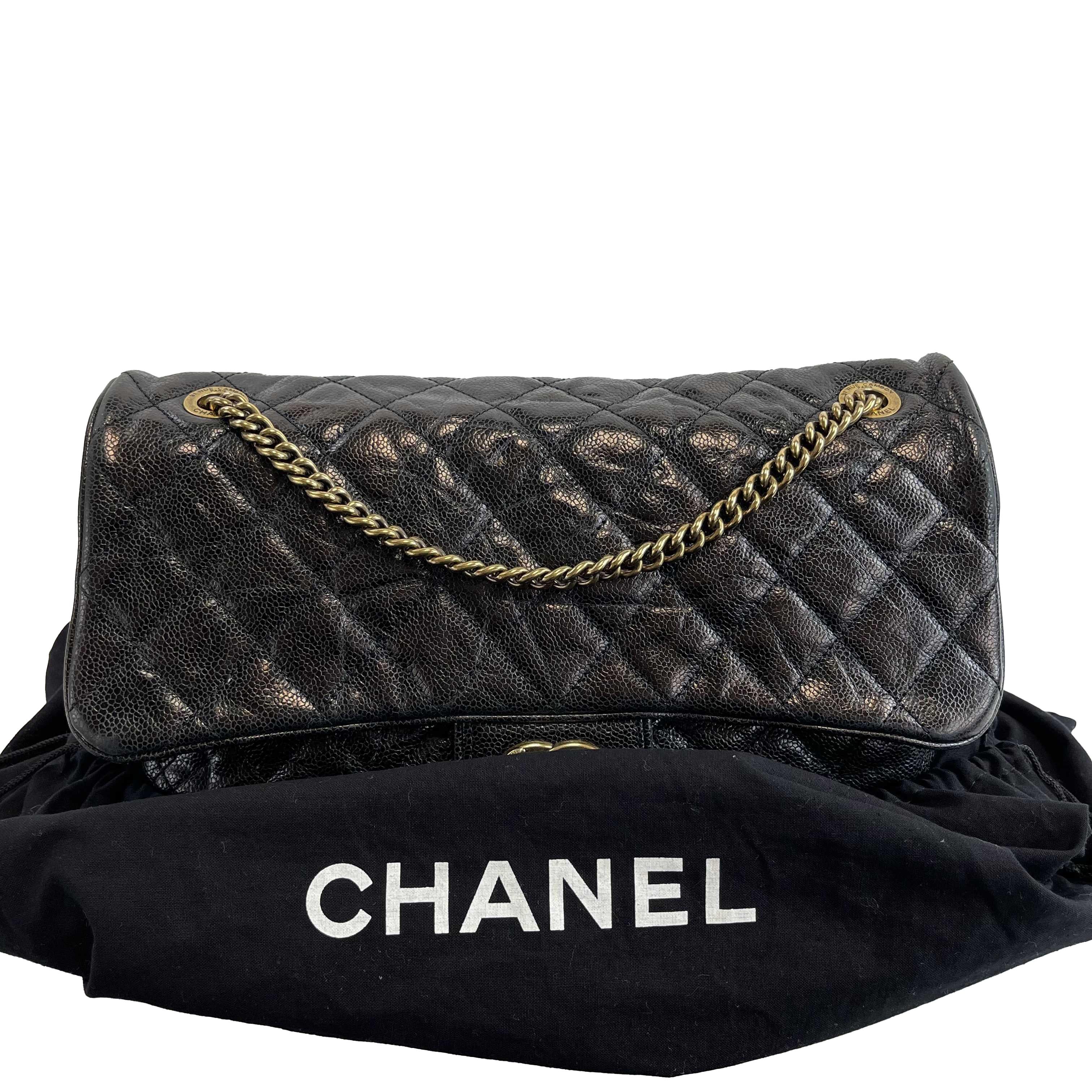 Chanel - Shiva Flap Bag Quilted Caviar Large Black CC Shoulder Bag In Good Condition In Sanford, FL