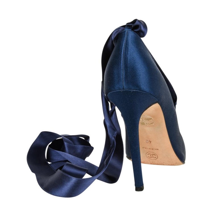 Chanel Shoe Ankle Wrap Square Ballet Toe Blue Satin High Heel Pump 40 / 10  at 1stDibs