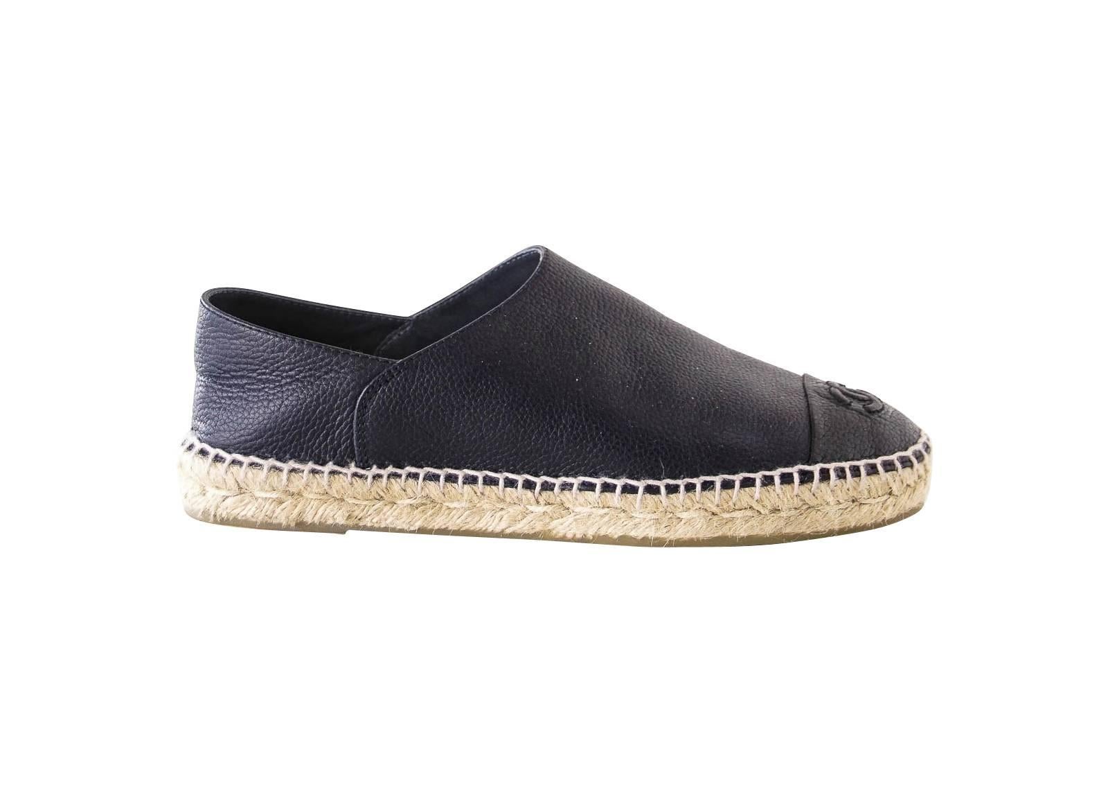 Black Chanel Shoe Espadrilles Cambon Loafers Dark Navy Leather 39 / 9  