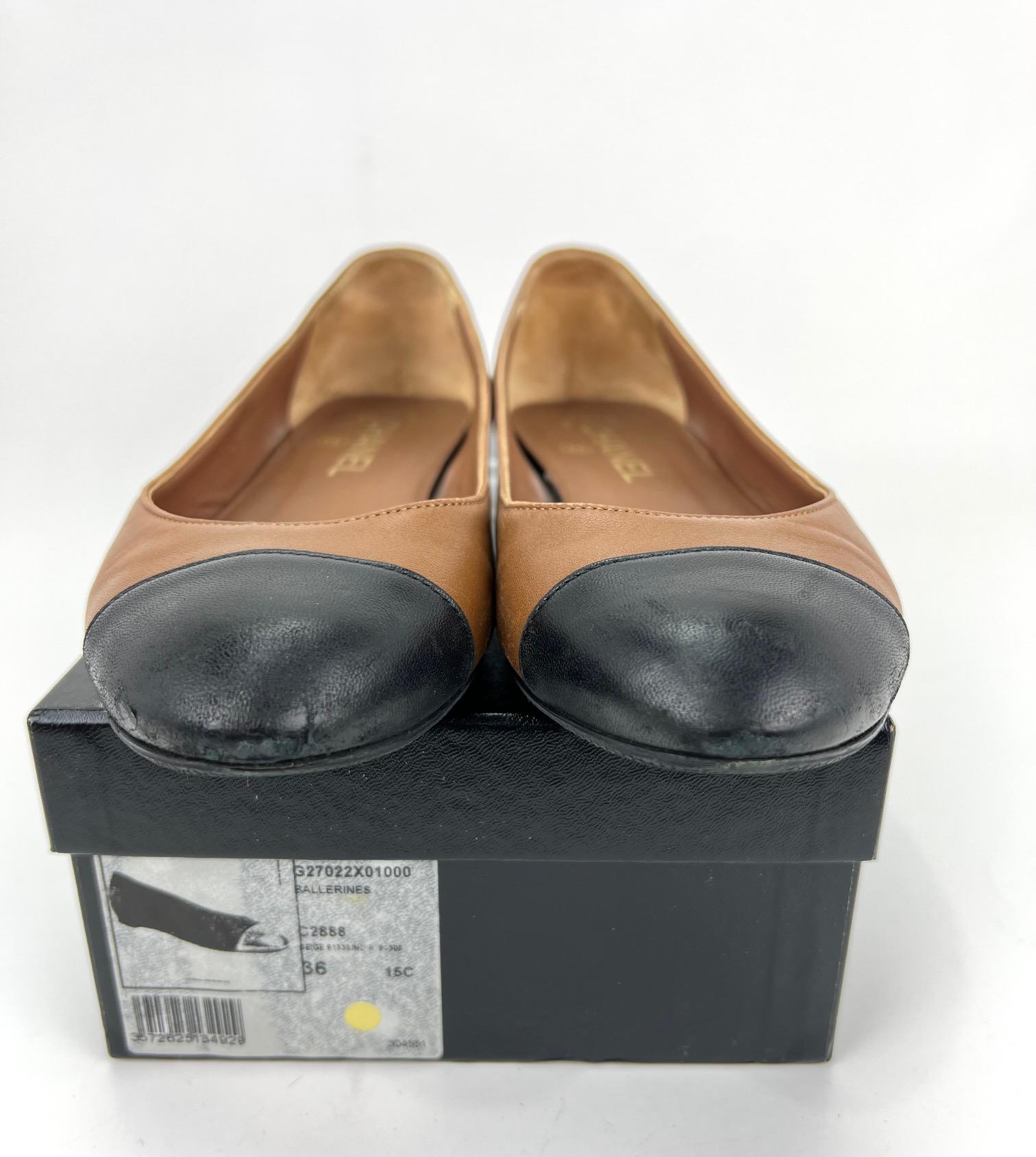 CHANEL Shoes Coco Mark Beige Black Lambskin Leather Flats SZ 36C Ballet Shoe 2