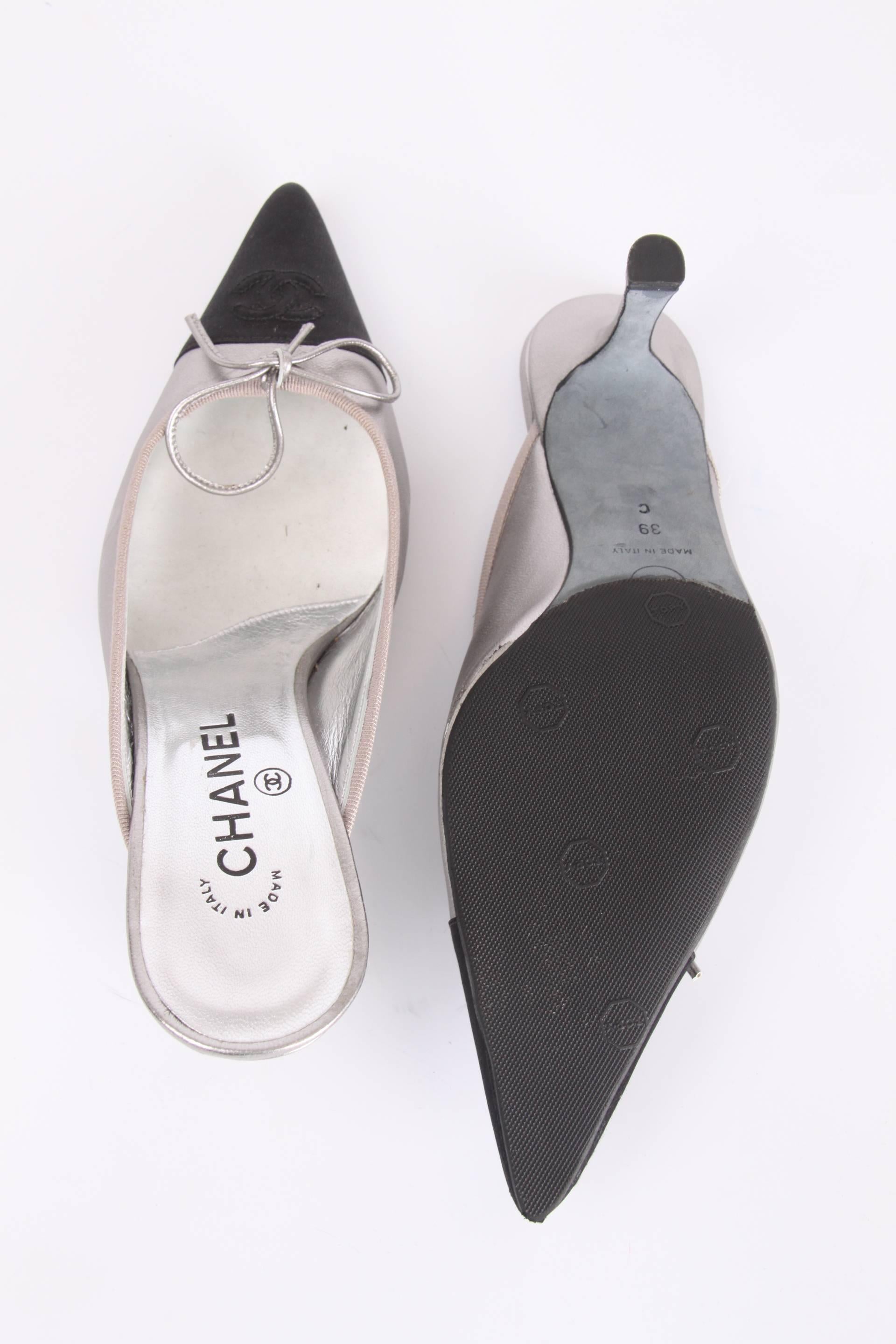 Silver Chanel Shoes - silver leather/black satin  For Sale