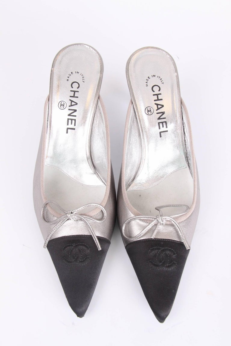 Chanel Shoes silver leather/black satin For Sale at 1stDibs