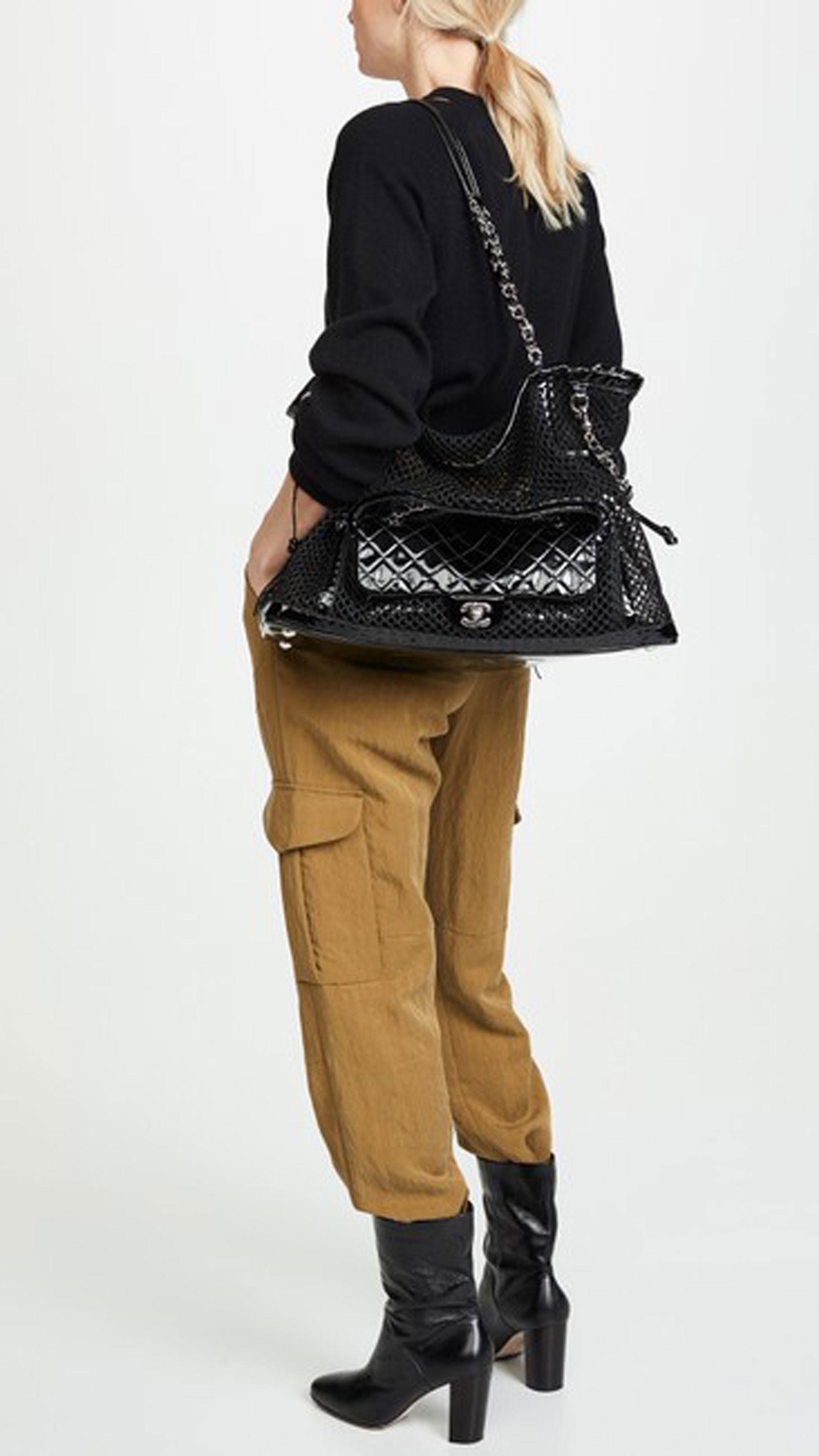  2 In 1 Chanel Shopping Classic Flap Cruise Mesh Woven Crochet Black Patent Bag In Good Condition For Sale In Miami, FL