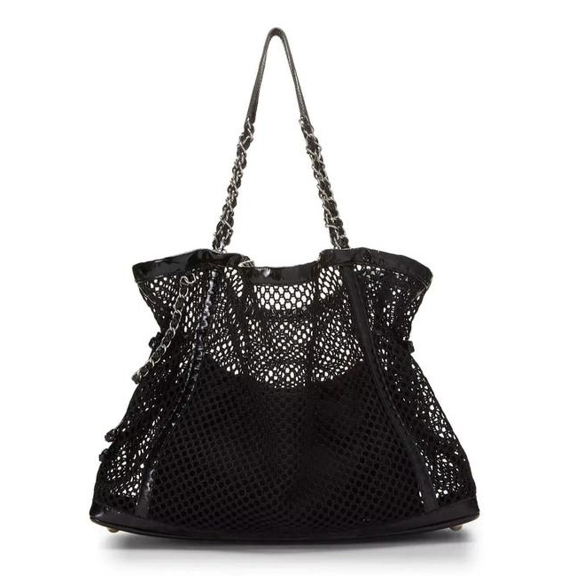  2 In 1 Chanel Shopping Classic Flap Cruise Mesh Woven Crochet Black Patent Bag For Sale 2