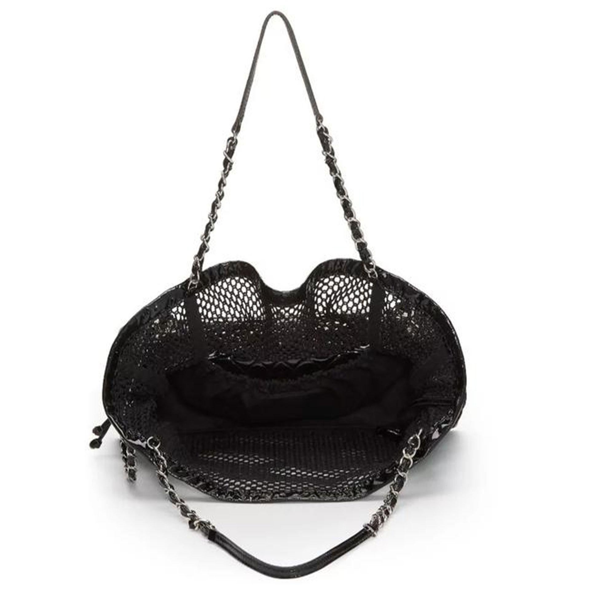  2 In 1 Chanel Shopping Classic Flap Cruise Mesh Woven Crochet Black Patent Bag For Sale 3