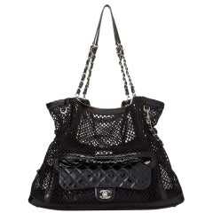 2 In 1 Chanel Shopping Classic Flap Cruise Mesh Woven Crochet Black Patent Bag